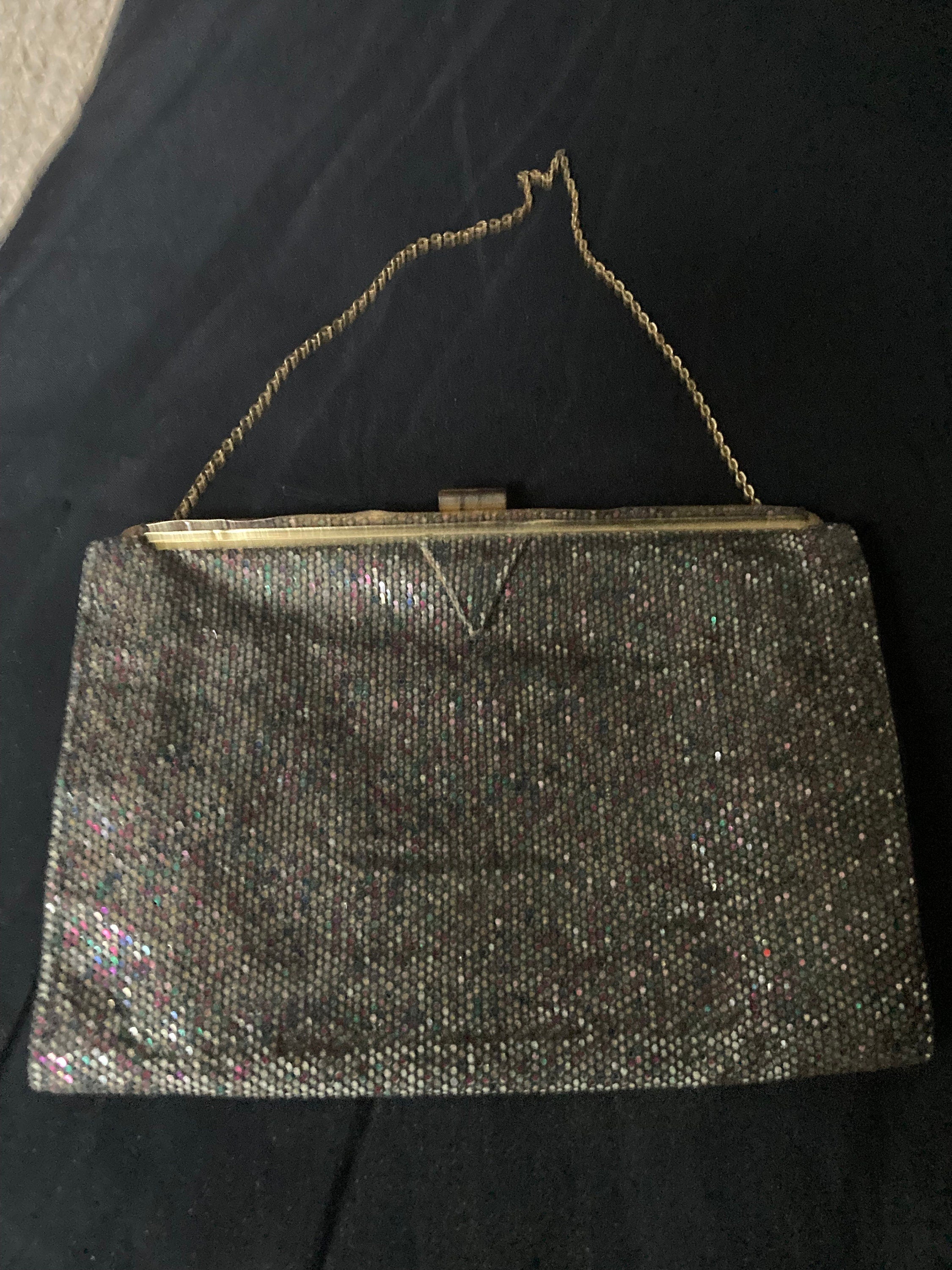 Art Deco micro sequin dark rainbow red green chain handle evening bag purse