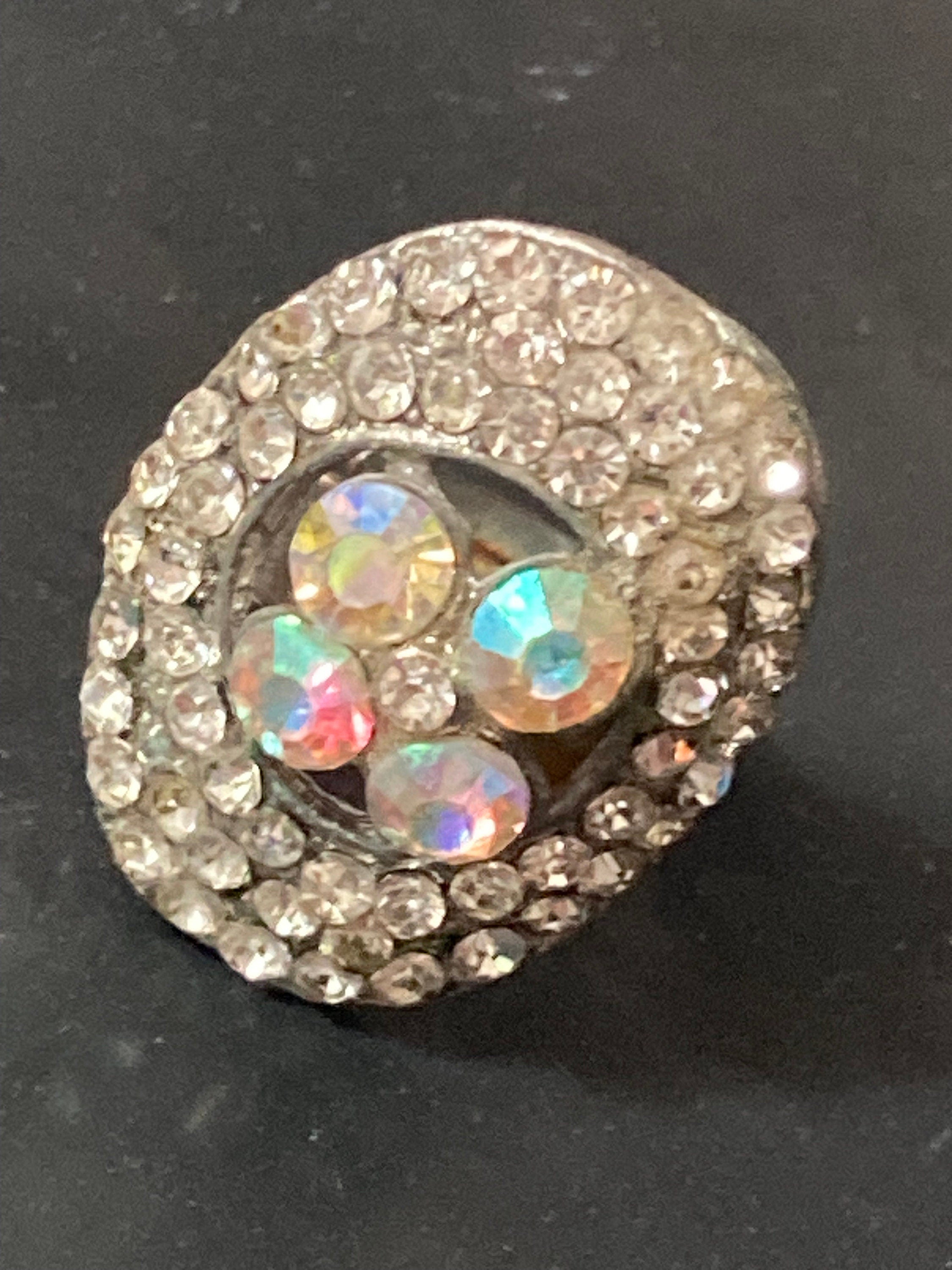 Size K L M N O silver tone AB clear rainbow glass cluster adjustable ring