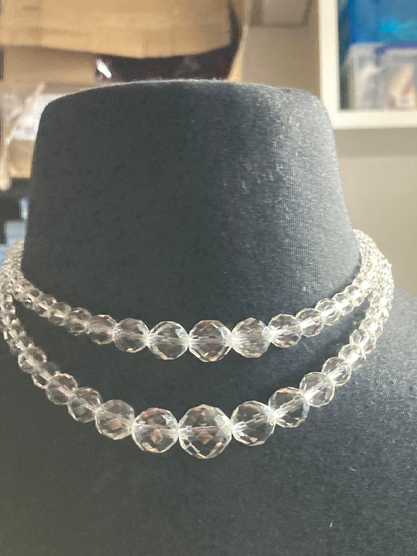 Art Deco clear faceted glass Crystal 2 row double strand beaded necklace choker festoon mid century