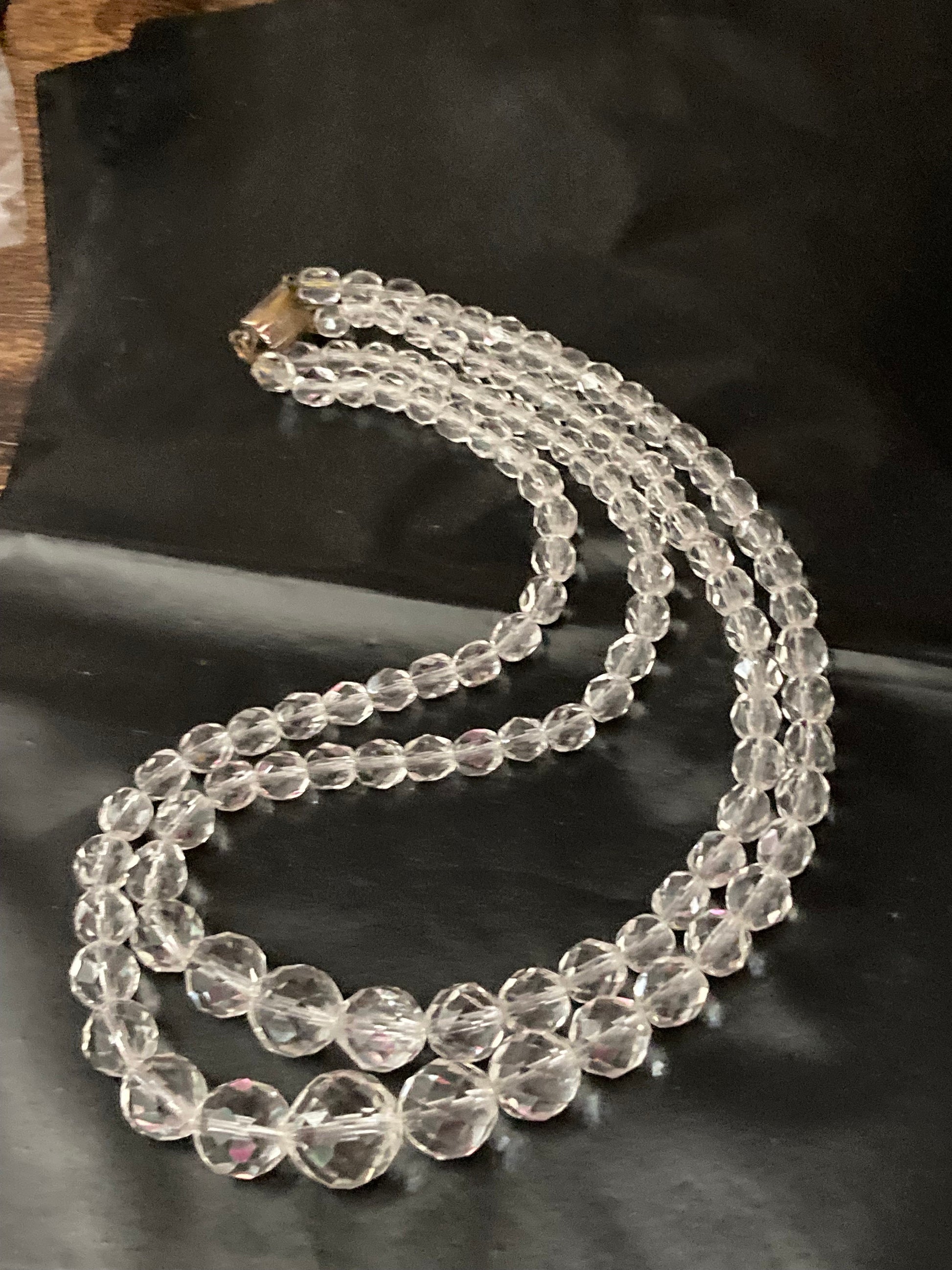 Art Deco clear faceted glass Crystal 2 row double strand beaded necklace choker festoon mid century