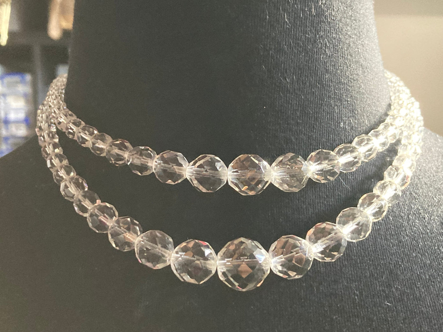 Art Deco clear faceted glass Crystal 2 row double strand beaded necklace choker festoon mid century