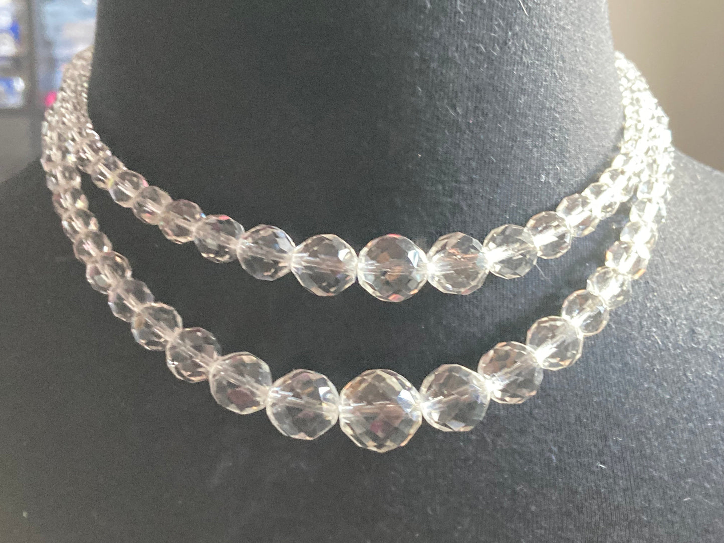 Art Deco clear faceted glass Crystal 2 row double strand beaded necklace choker festoon mid century