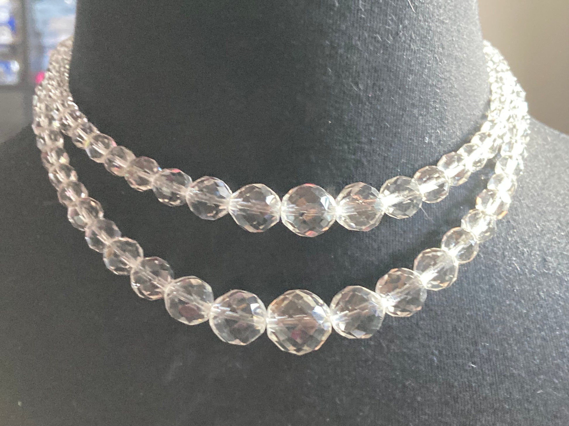 Art Deco clear faceted glass Crystal 2 row double strand beaded necklace choker festoon mid century