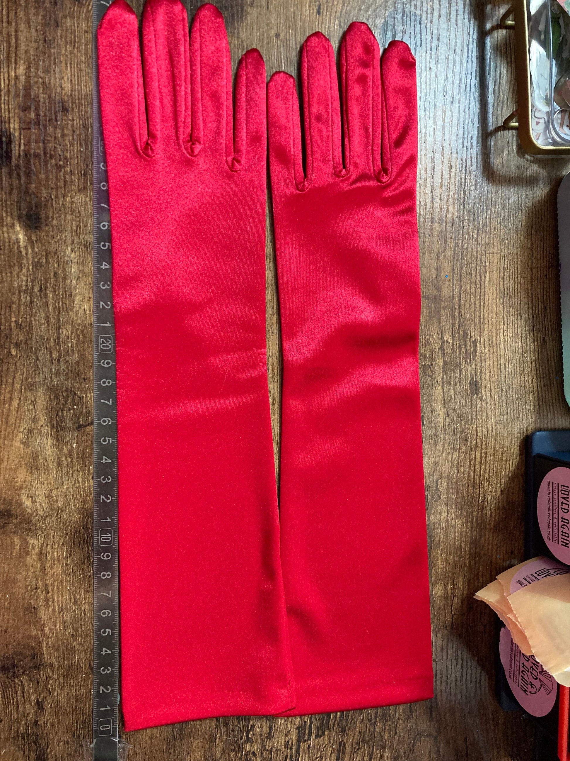 XL L Size 7.5 8 one size stretch 37cm LENGTH bright cherry red Long Formal Gloves Evening Wear Cocktail Party Gatsby