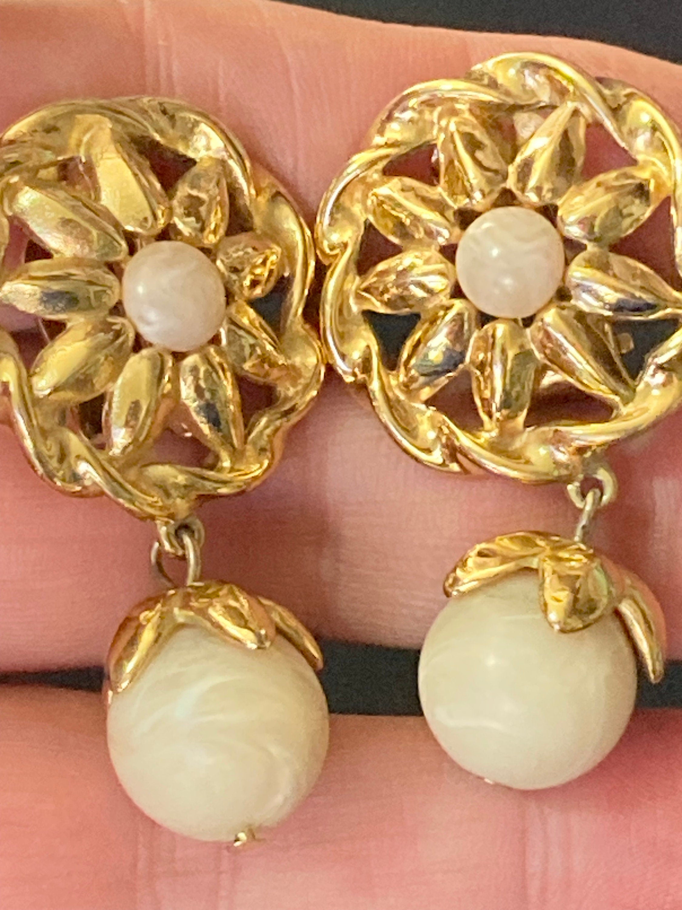 Signed Givenchy oversized neutral cream glass beaded gold dangly drop clip on earrings