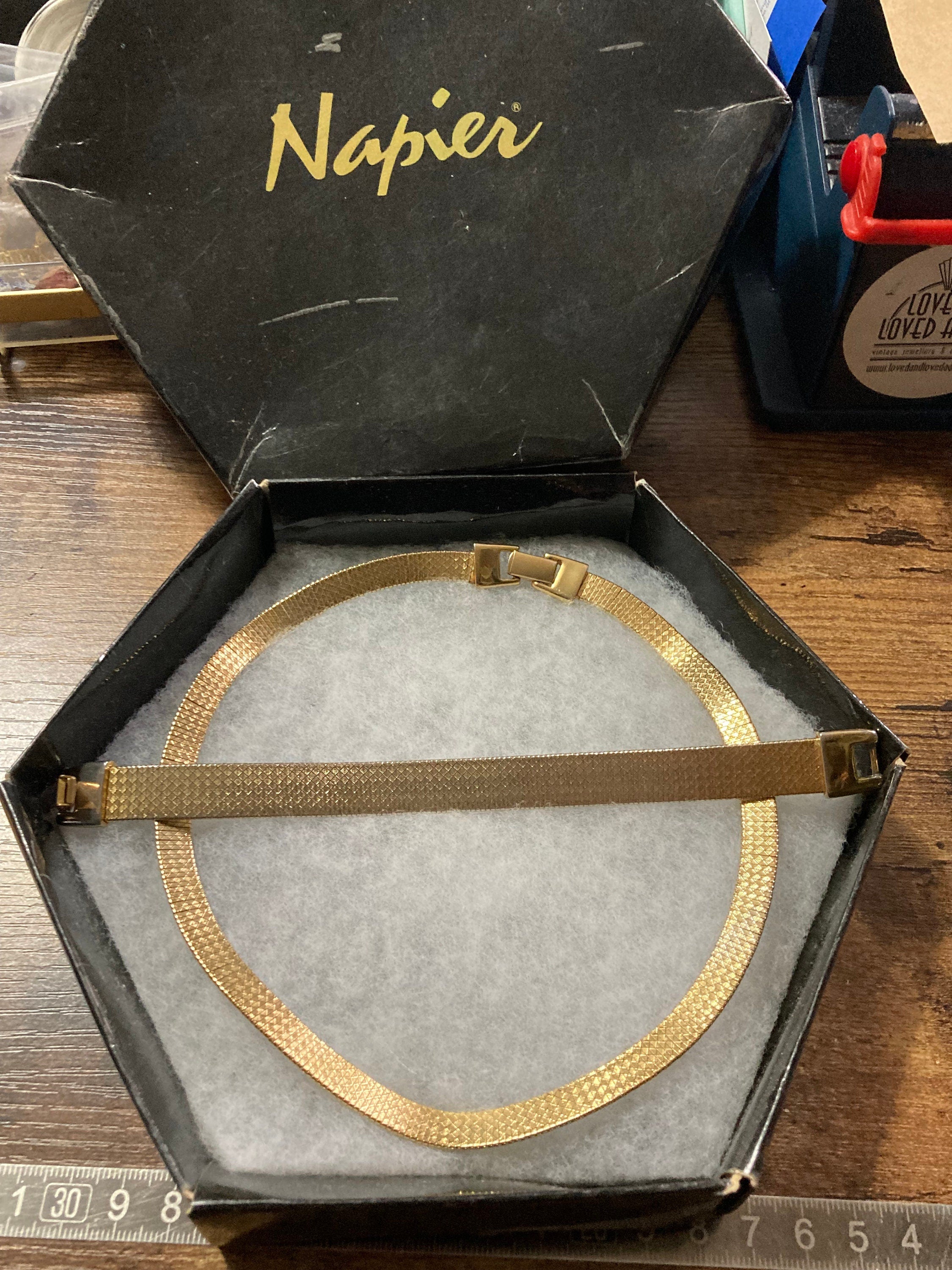 Boxed designer Napier signed matching gold flat mesh necklace and bracelet jewellery set