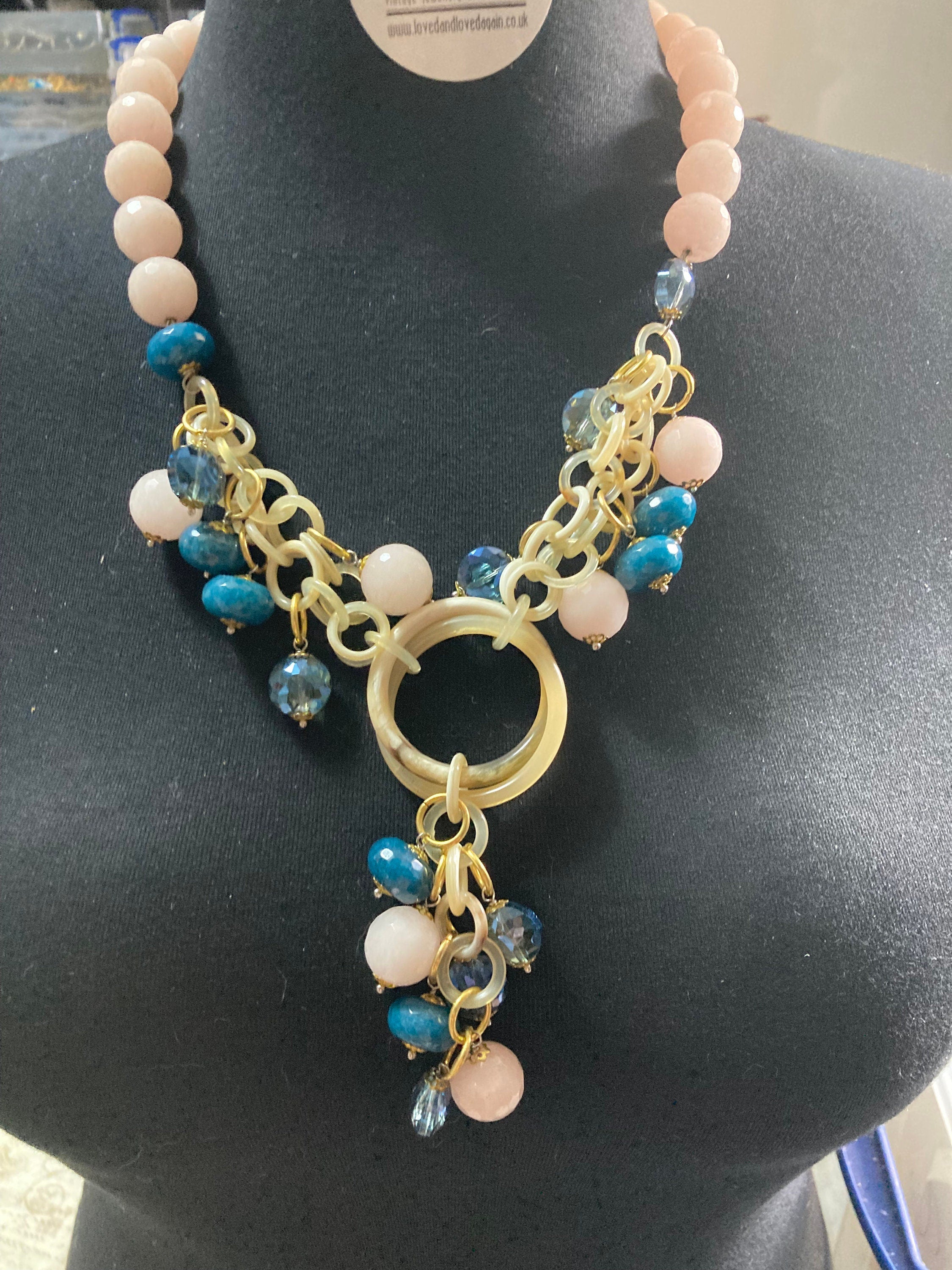 High end cut quartz gemstone soft pink and teal faceted beaded statement necklace