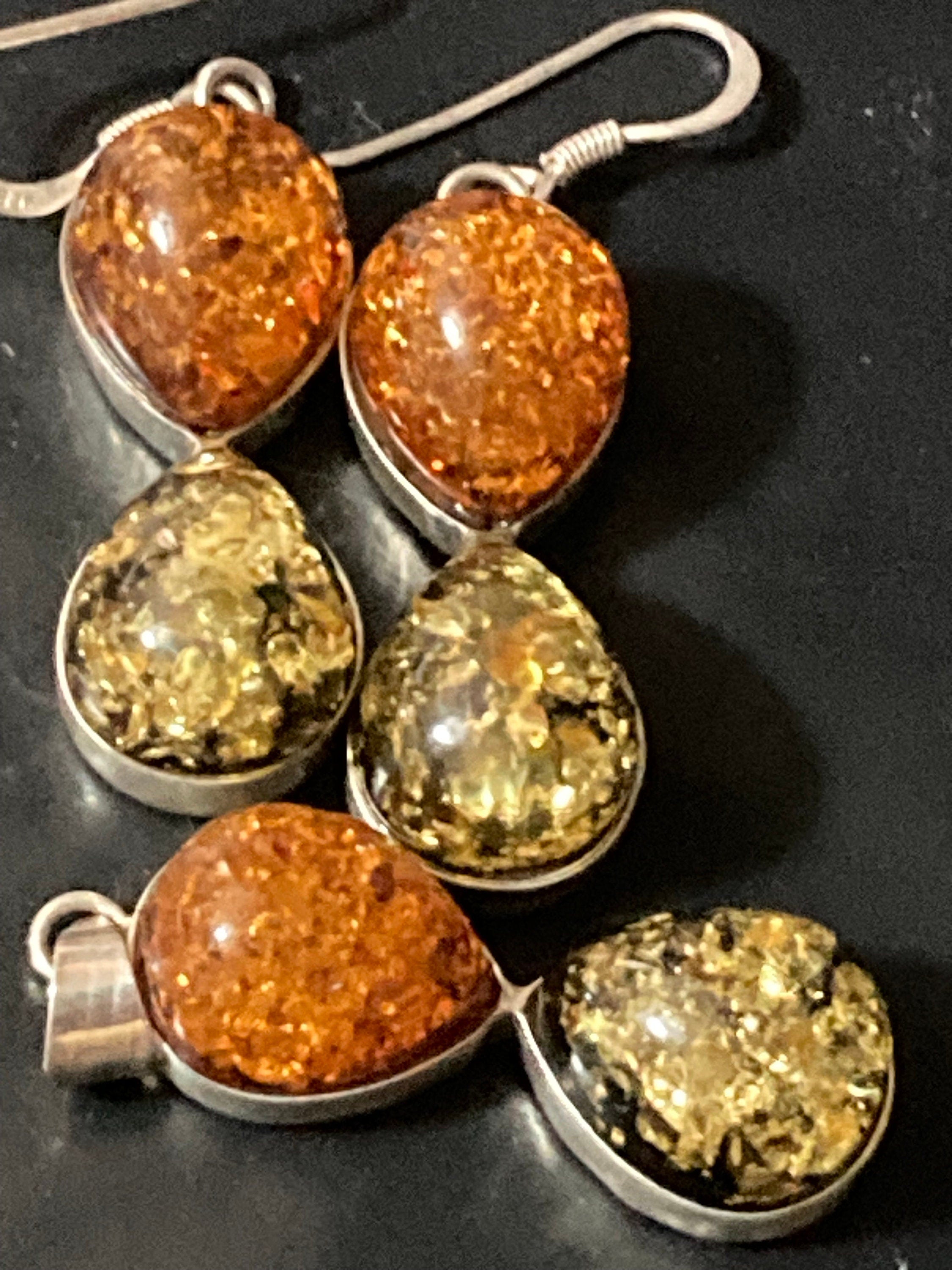 Orange and green Baltic amber matching drop earrings and pendant set 925 sterling silver