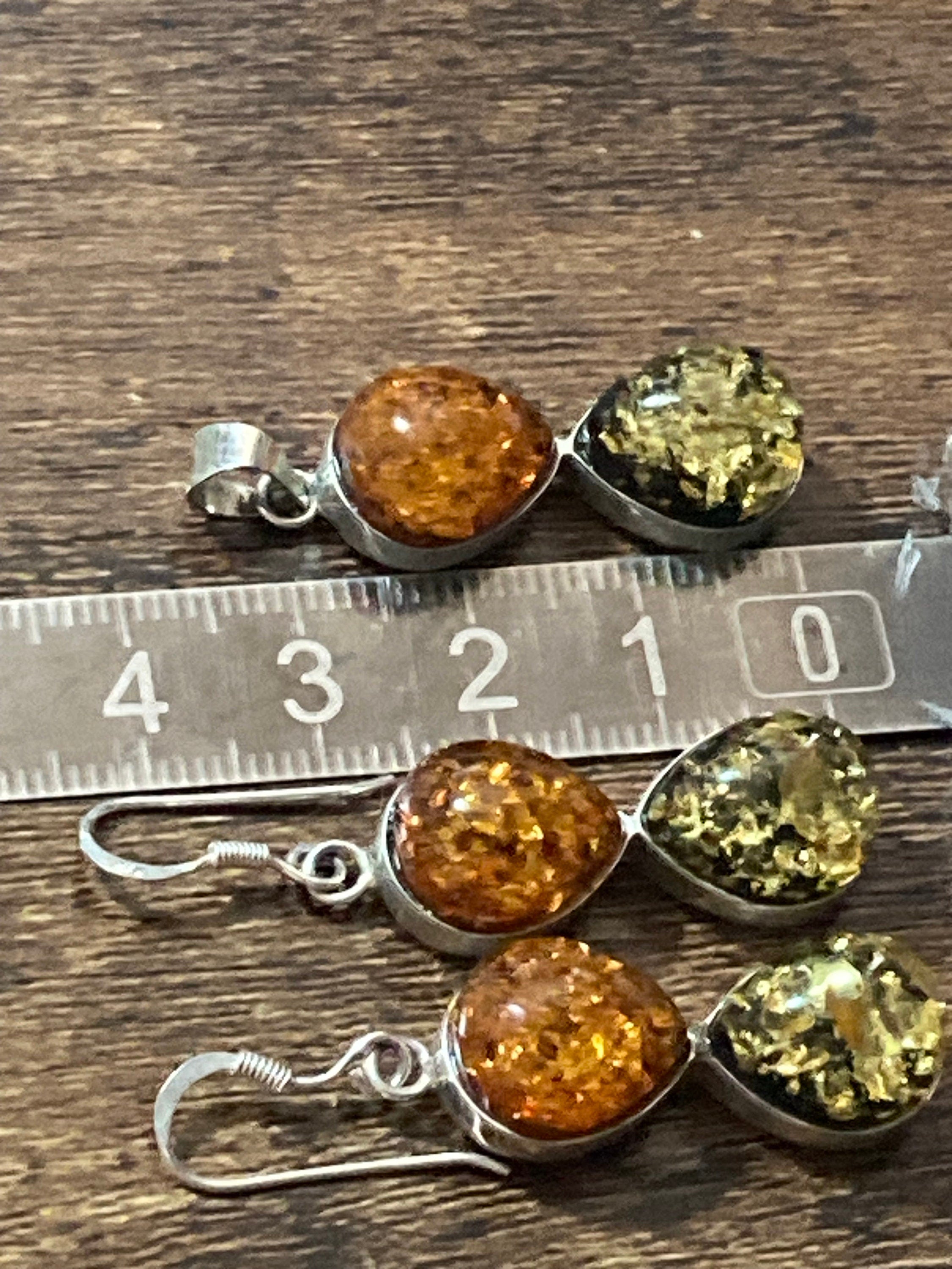 Orange and green Baltic amber matching drop earrings and pendant set 925 sterling silver