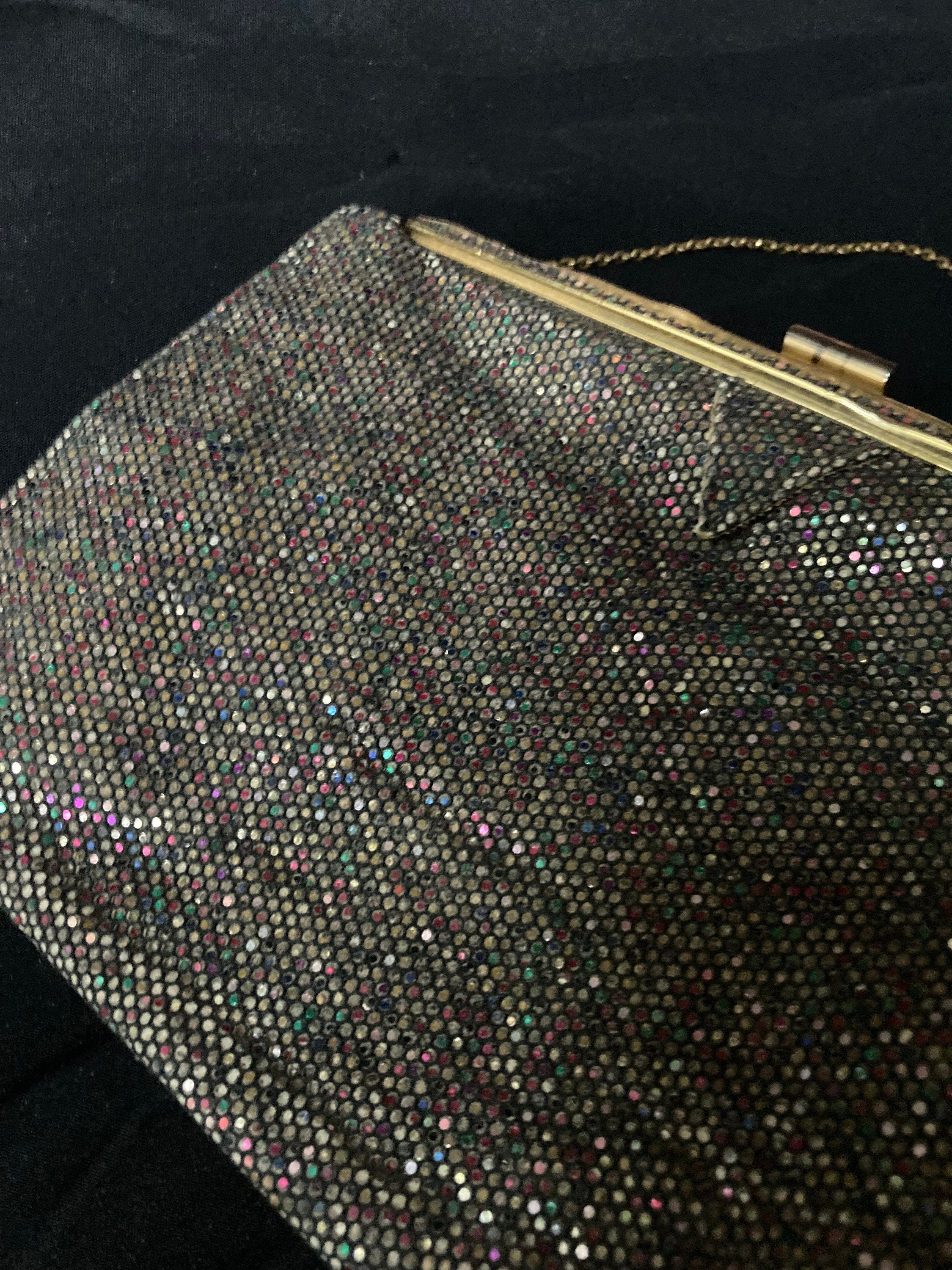 Art Deco micro sequin dark rainbow red green chain handle evening bag purse