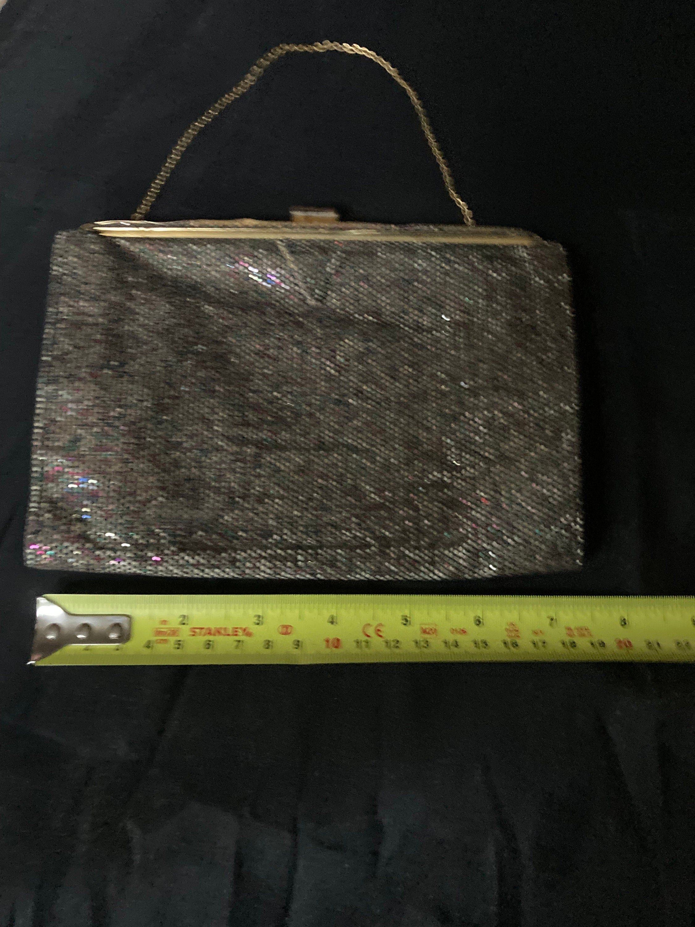 Art Deco micro sequin dark rainbow red green chain handle evening bag purse