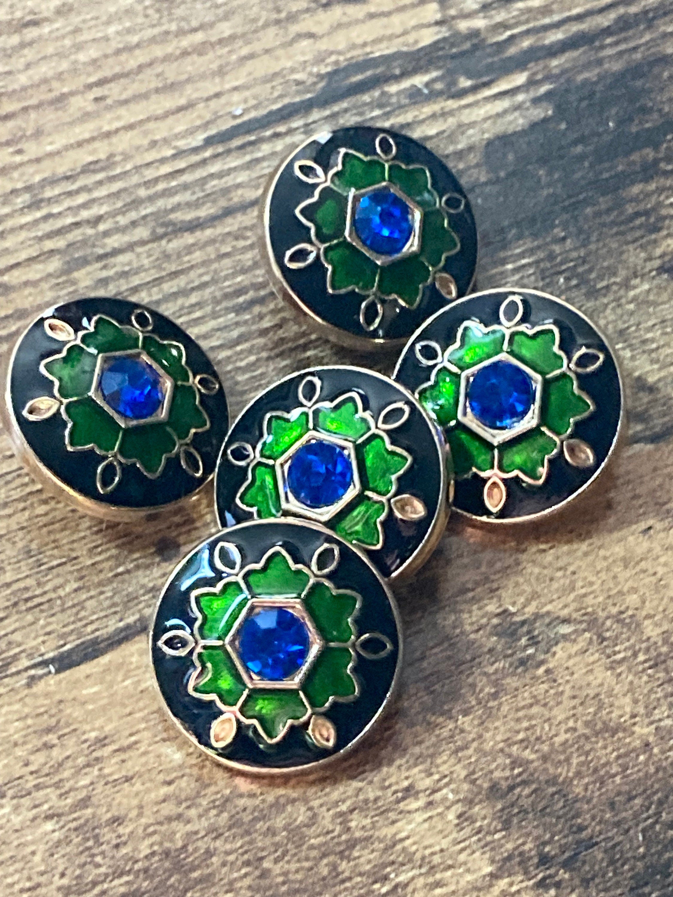 Set of 5 x 20mm green black and gold sapphire diamanté round metal buttons