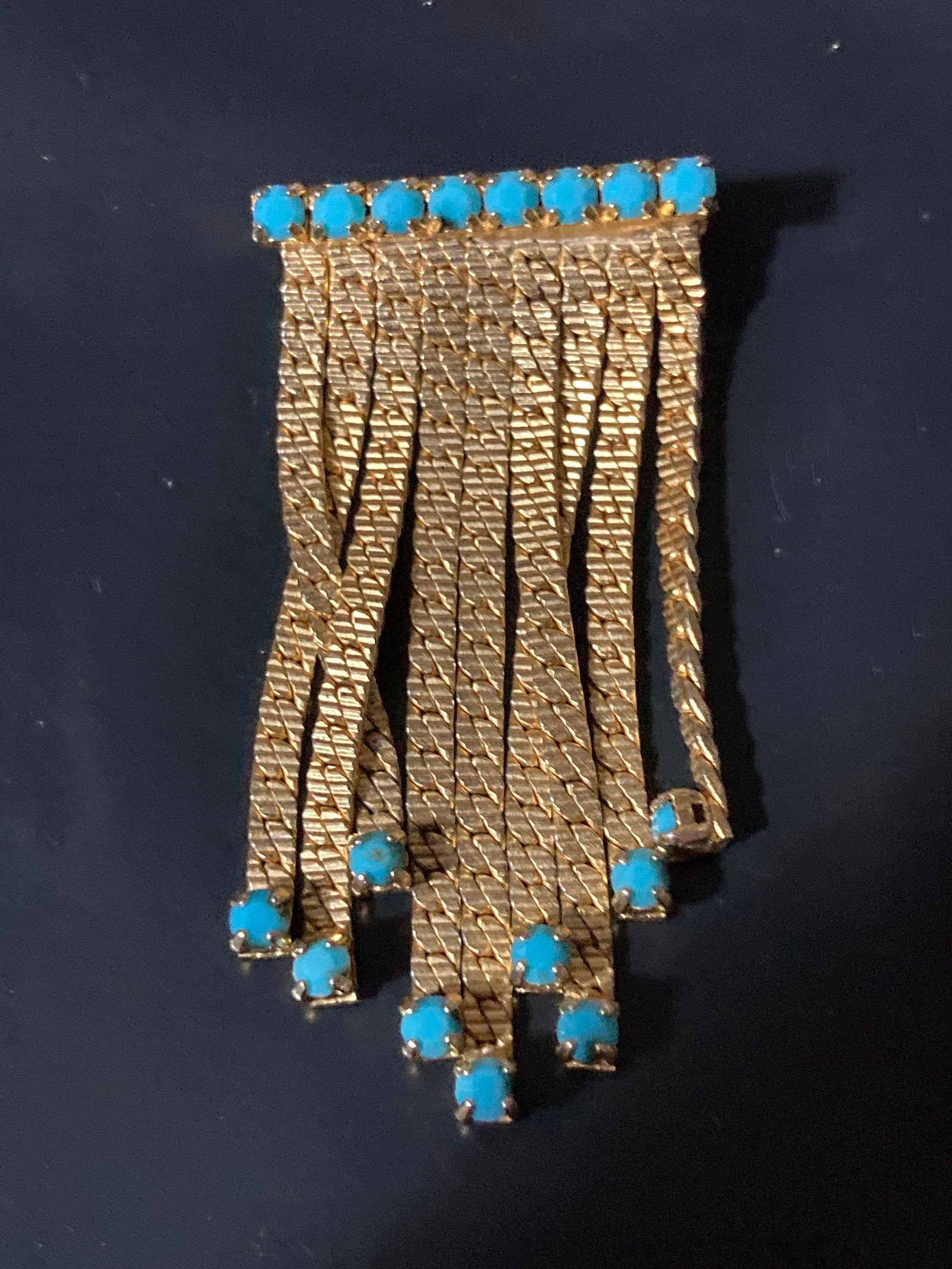 vintage gold tone mesh turquoise beaded abstract waterfall drop brooch