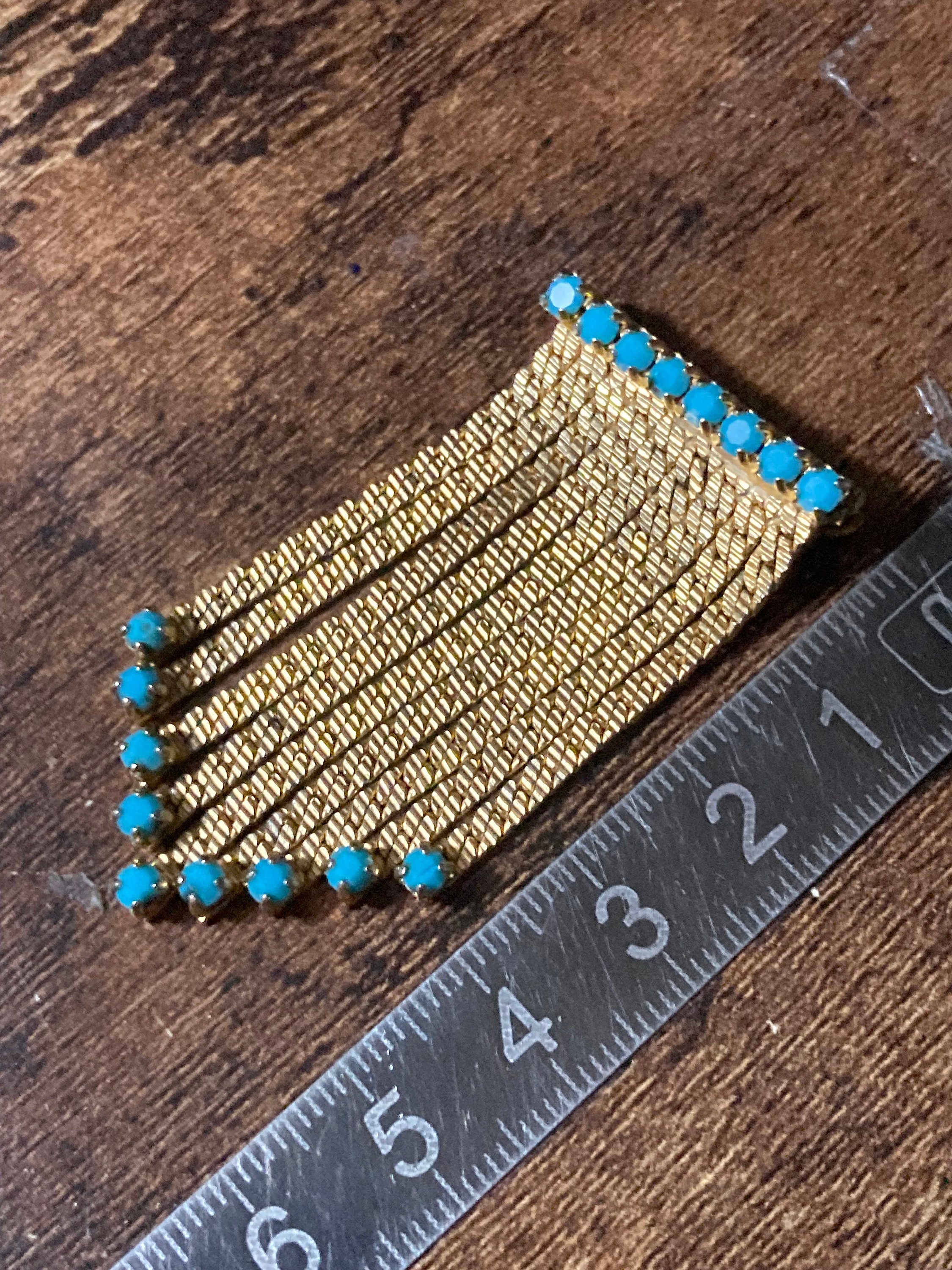 vintage gold tone mesh turquoise beaded abstract waterfall drop brooch