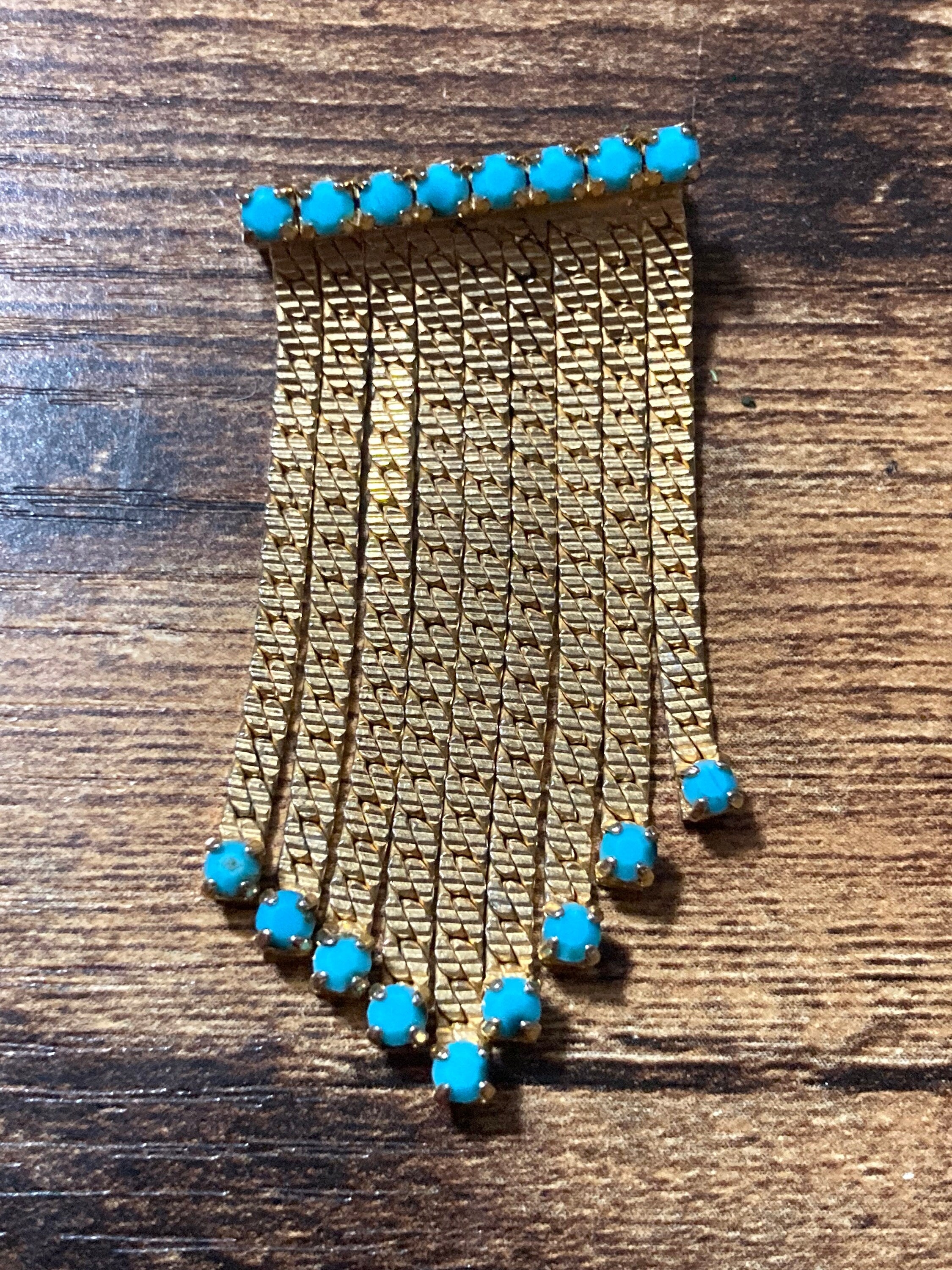 vintage gold tone mesh turquoise beaded abstract waterfall drop brooch