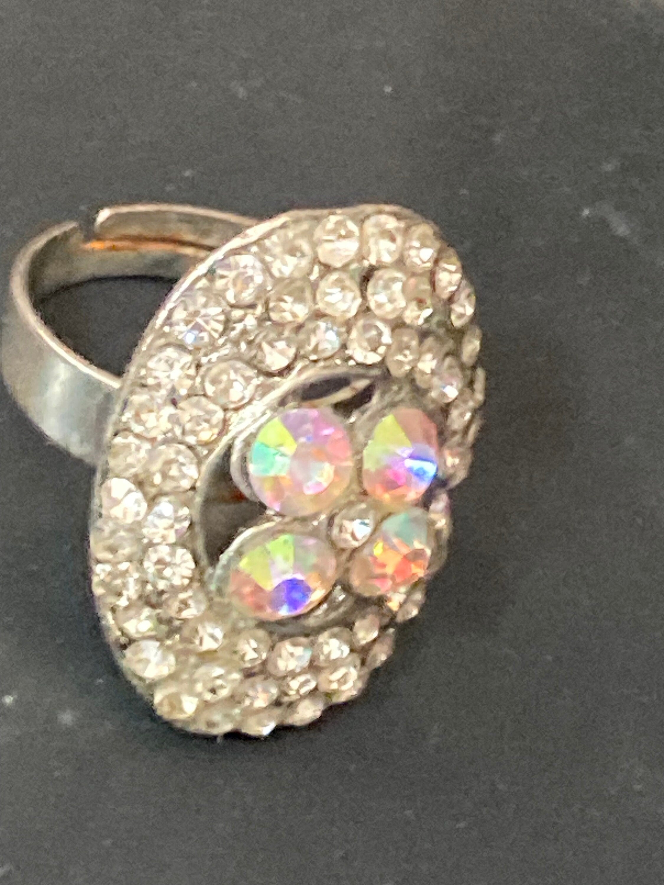 Size K L M N O silver tone AB clear rainbow glass cluster adjustable ring