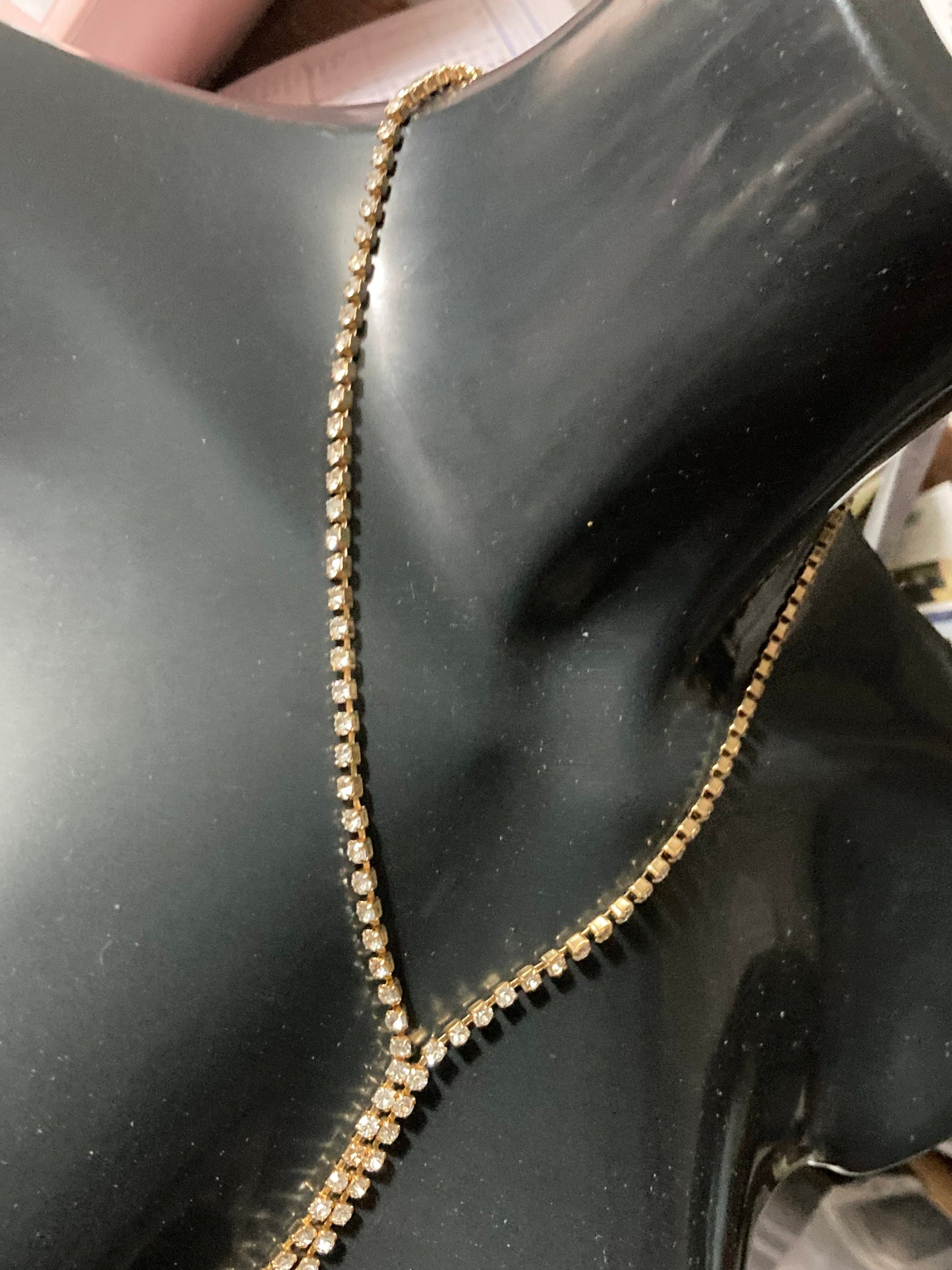 true Vintage pristine 1970s clear diamanté rhinestone gold plated lariat negligee drop necklace old shop stock