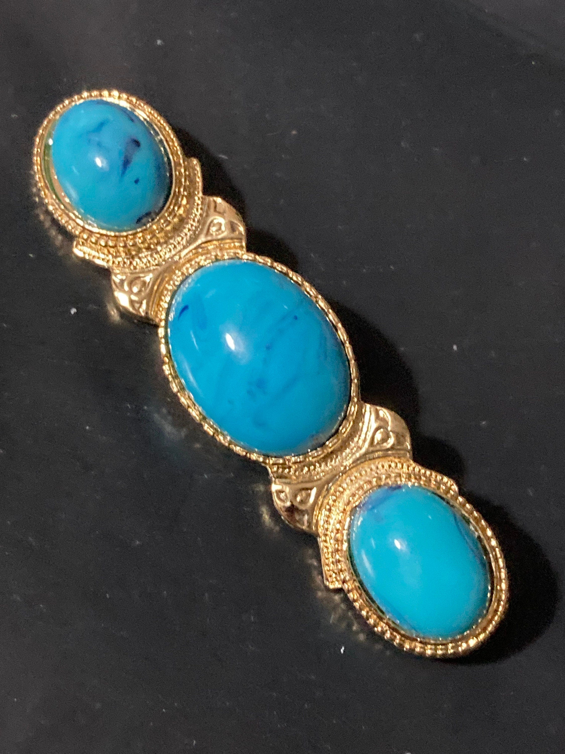 vintage 8.5cm gold Etruscan ornate bar brooch with turquoise blue Cabochons