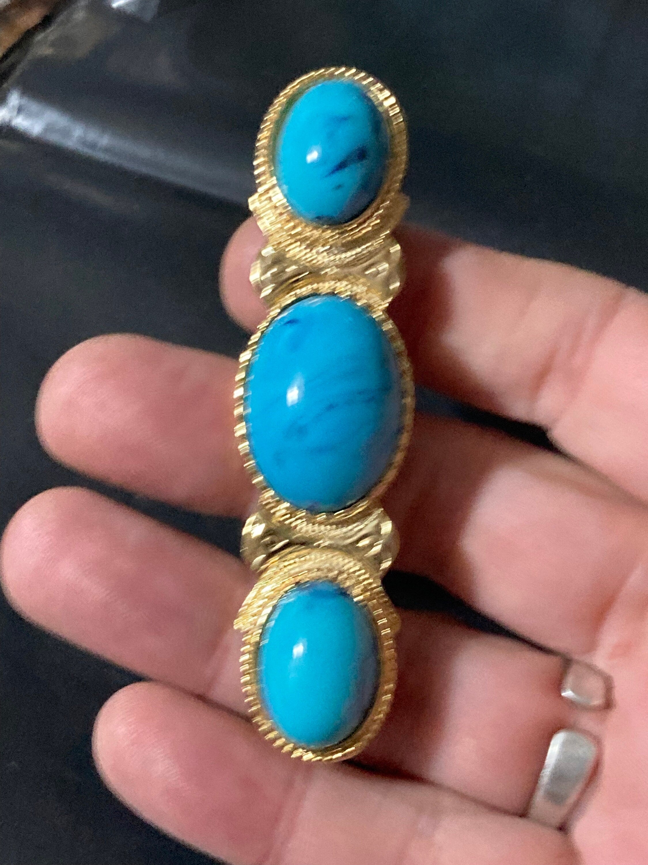 vintage 8.5cm gold Etruscan ornate bar brooch with turquoise blue Cabochons