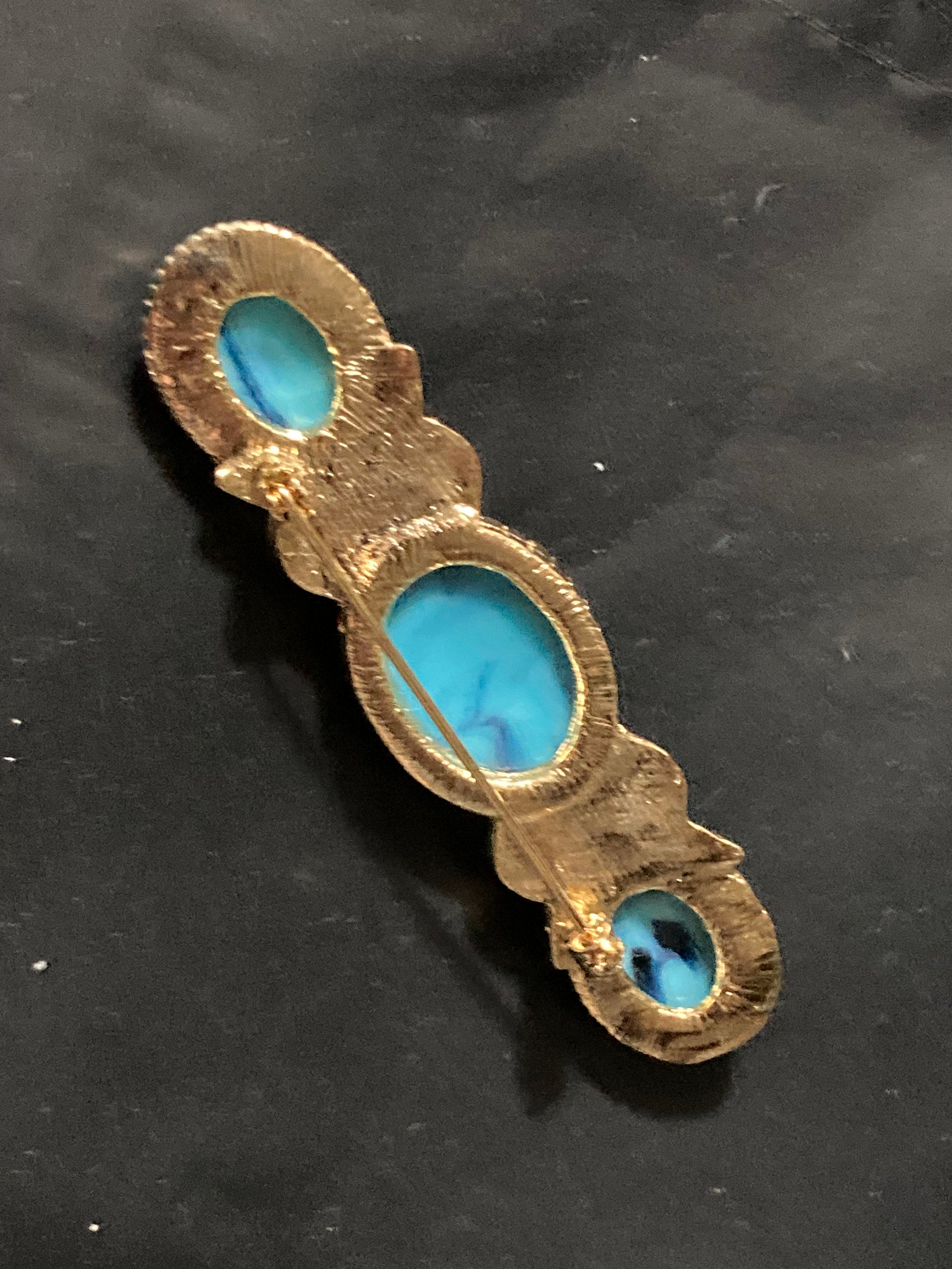 vintage 8.5cm gold Etruscan ornate bar brooch with turquoise blue Cabochons