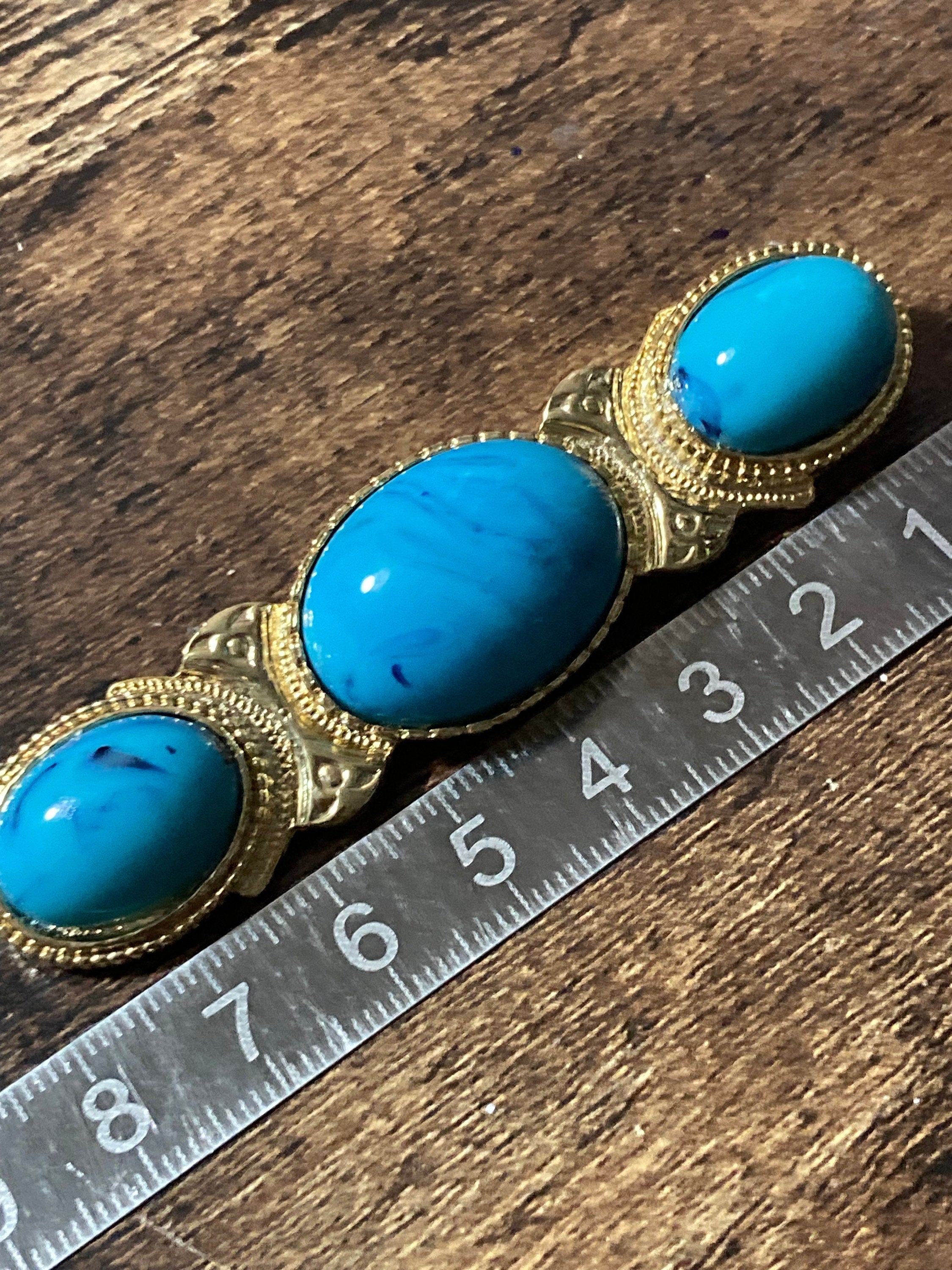 vintage 8.5cm gold Etruscan ornate bar brooch with turquoise blue Cabochons