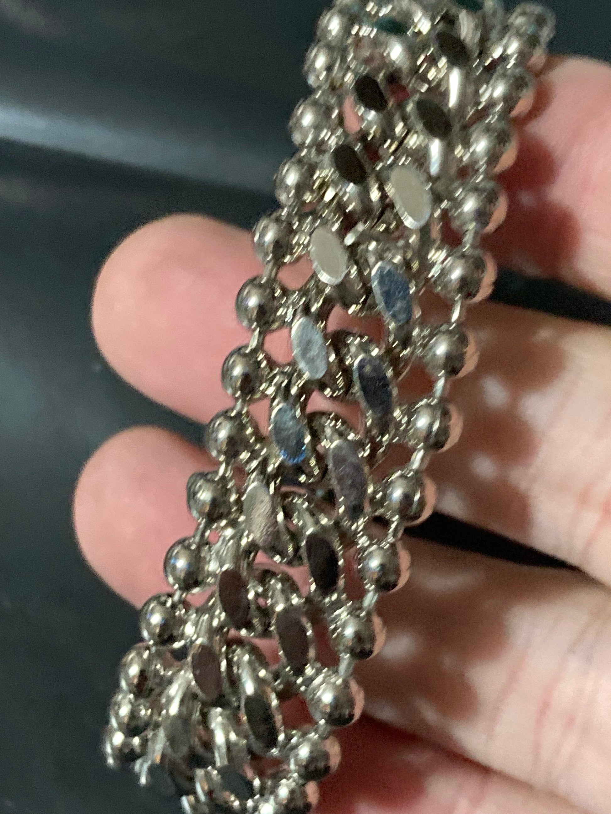 Pristine true vintage chunky silver plated wide chain link bracelet bead edging guide old shop stock 1980s