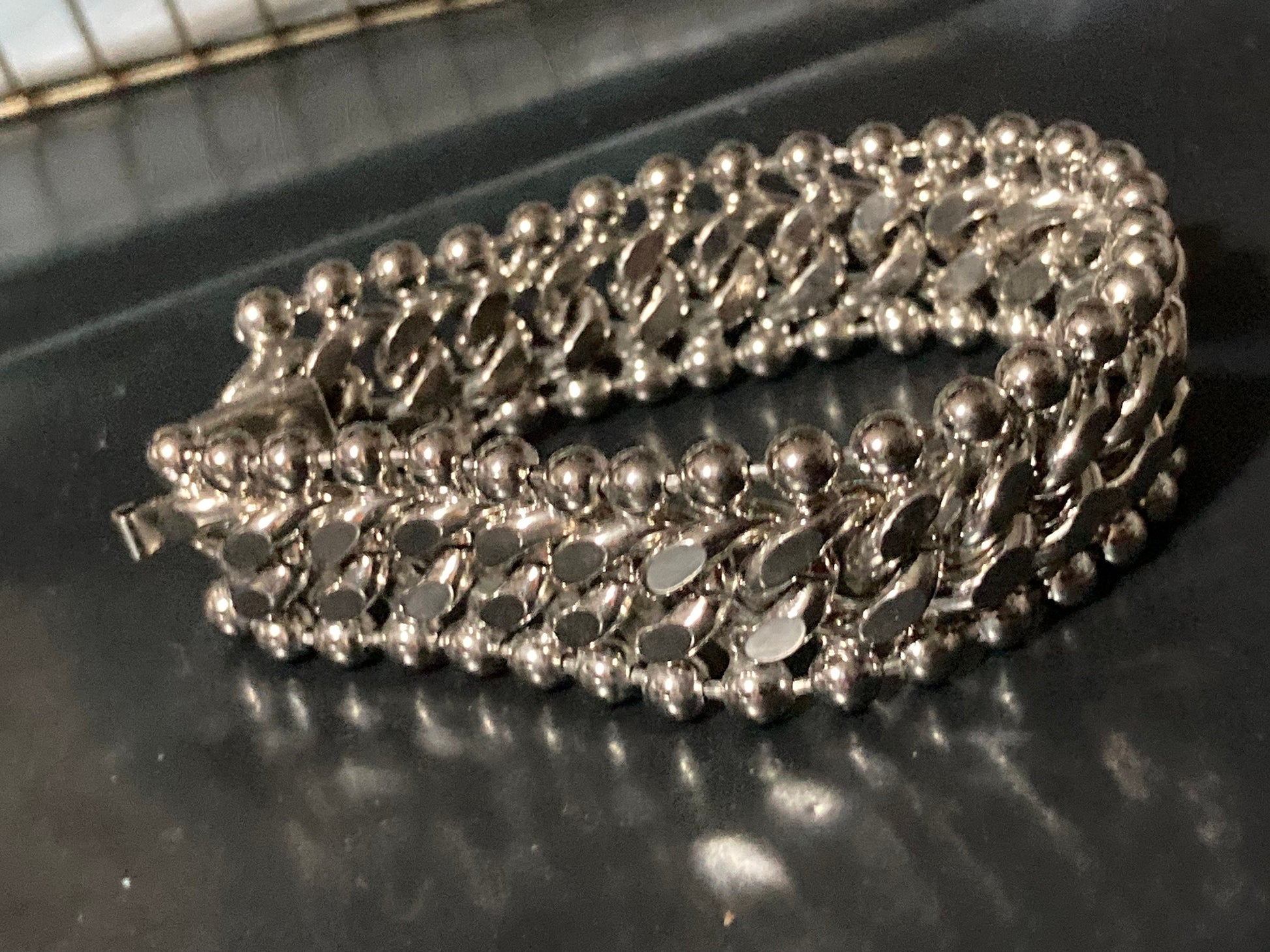 Pristine true vintage chunky silver plated wide chain link bracelet bead edging guide old shop stock 1980s