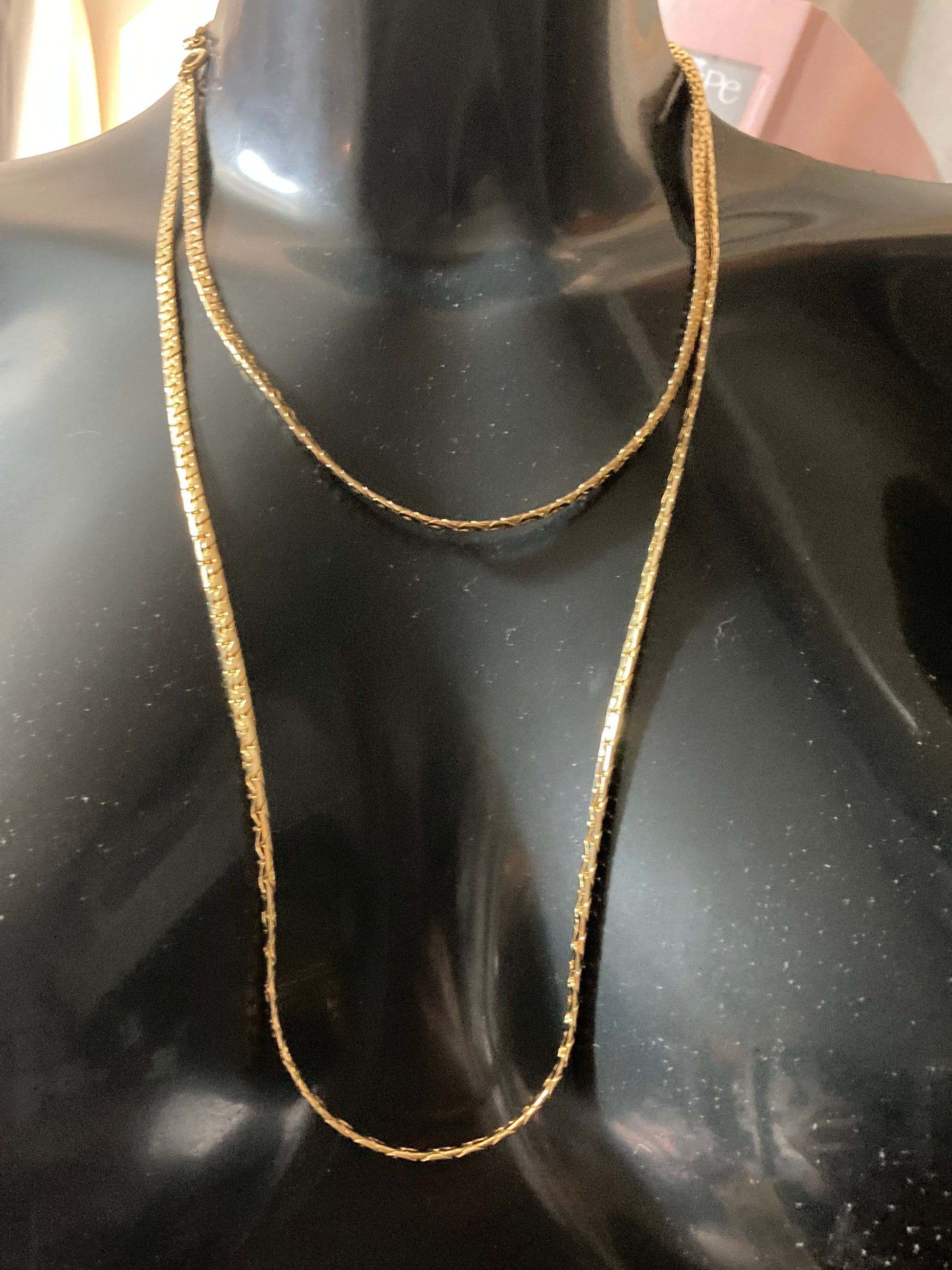 126cm 50 inch extra long 1980s thick gold plated flat woven chain necklace