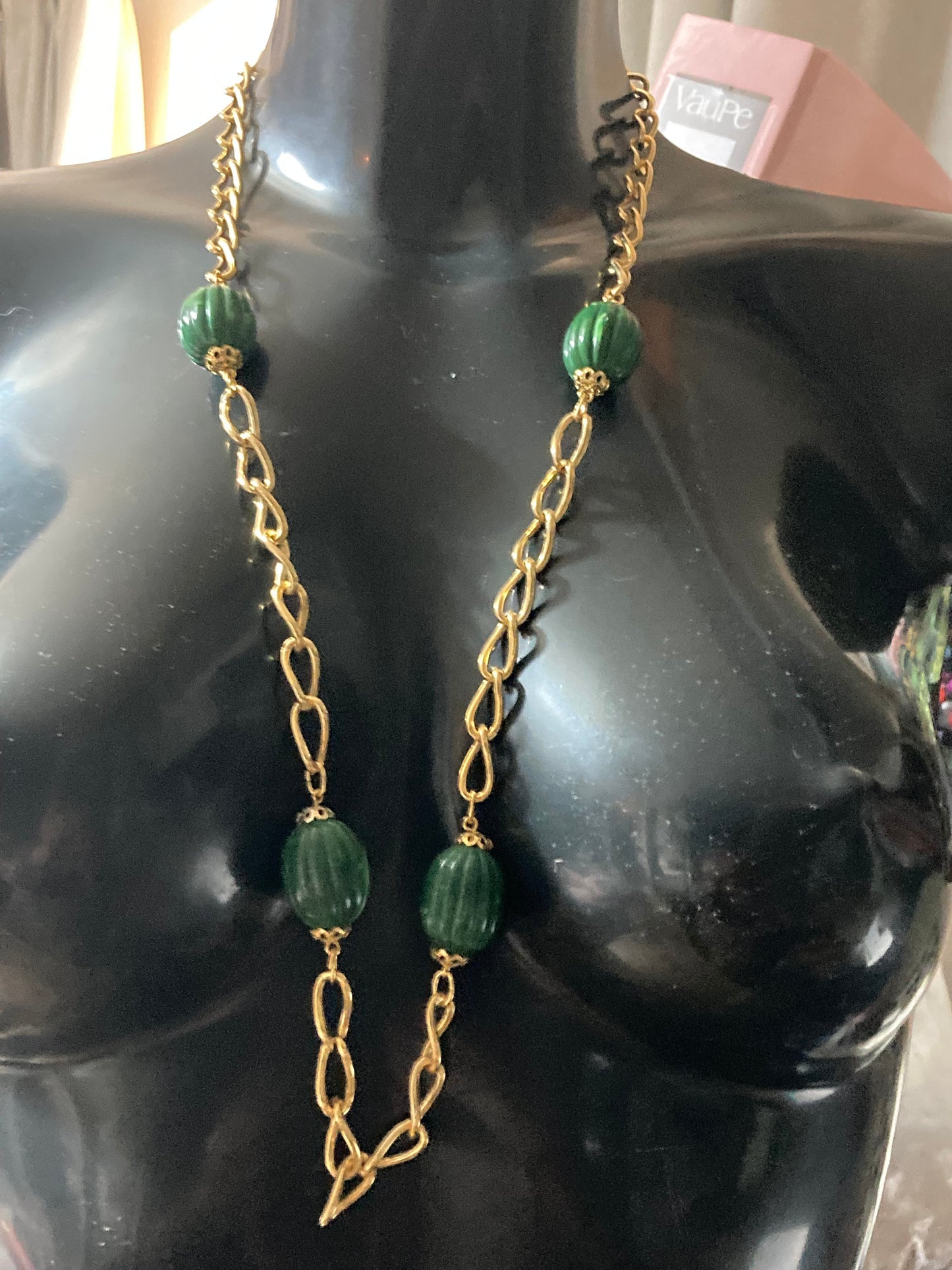 31.5” 80cm long 1980s thick gold plated big green beaded station necklace for layering