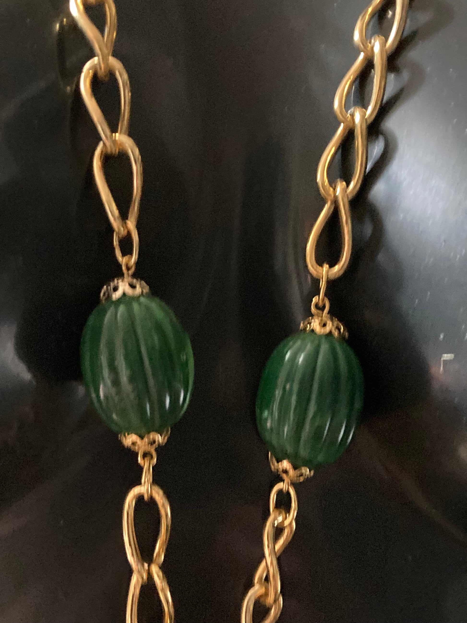 31.5” 80cm long 1980s thick gold plated big green beaded station necklace for layering