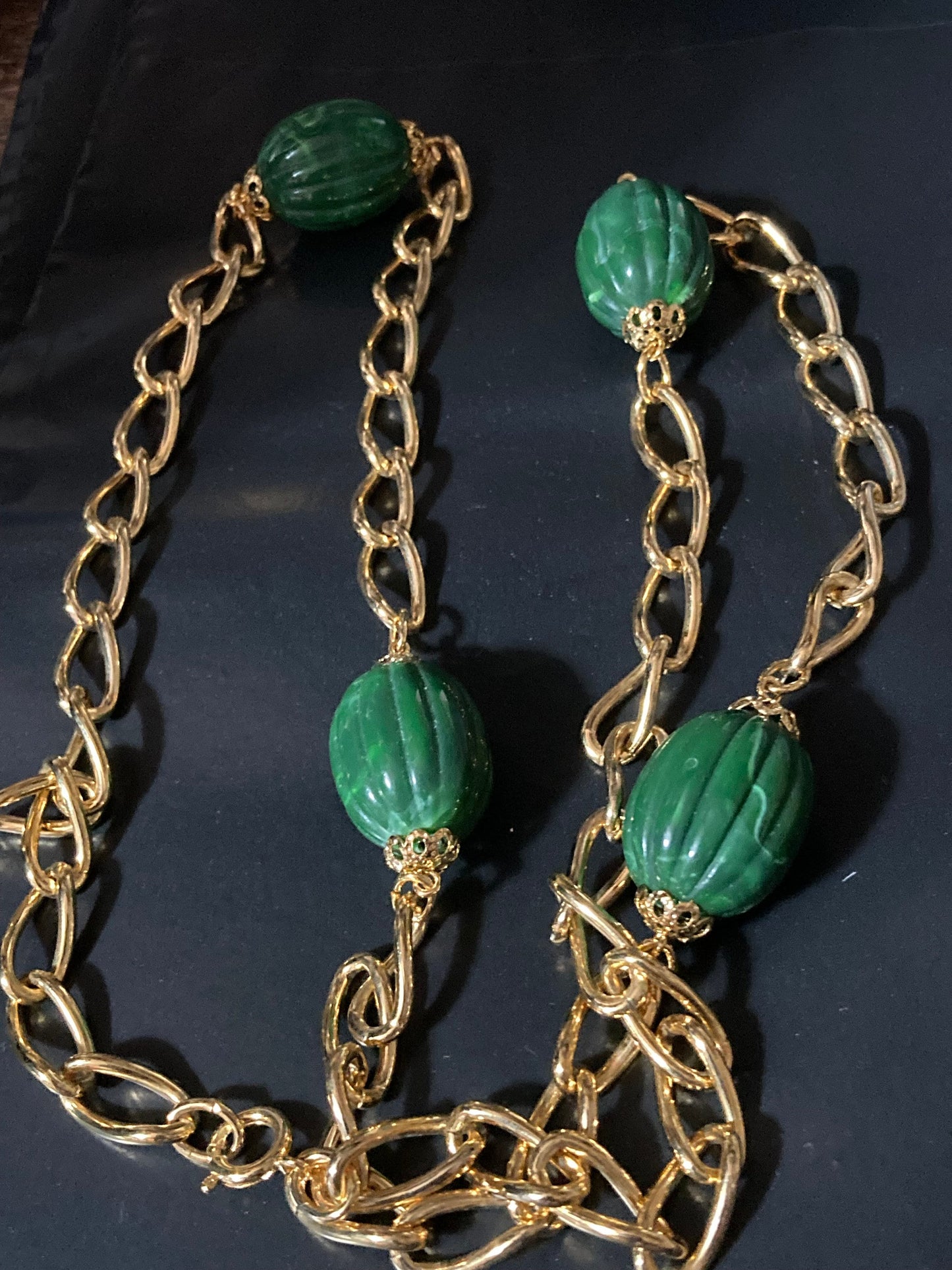 31.5” 80cm long 1980s thick gold plated big green beaded station necklace for layering