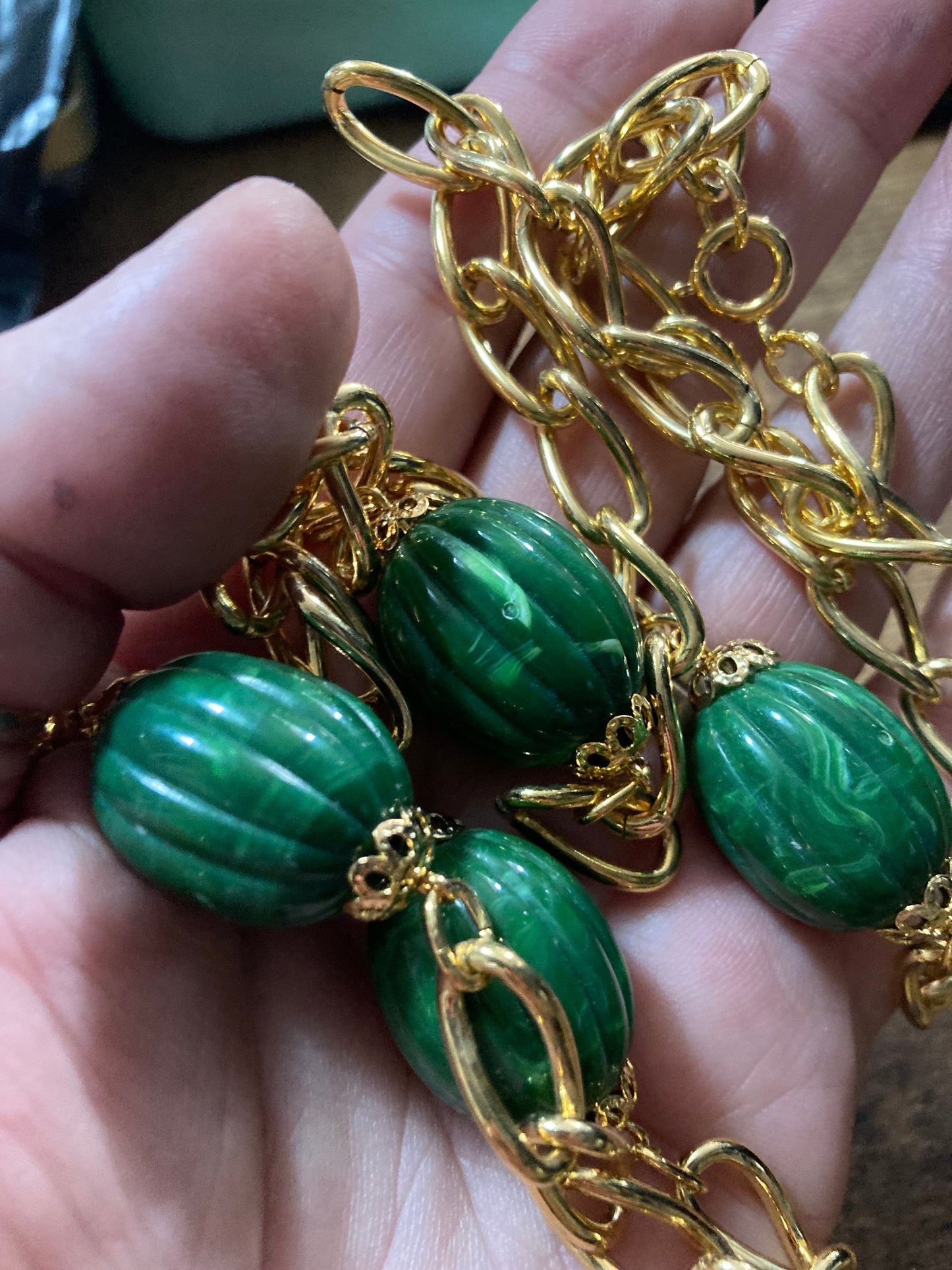 31.5” 80cm long 1980s thick gold plated big green beaded station necklace for layering