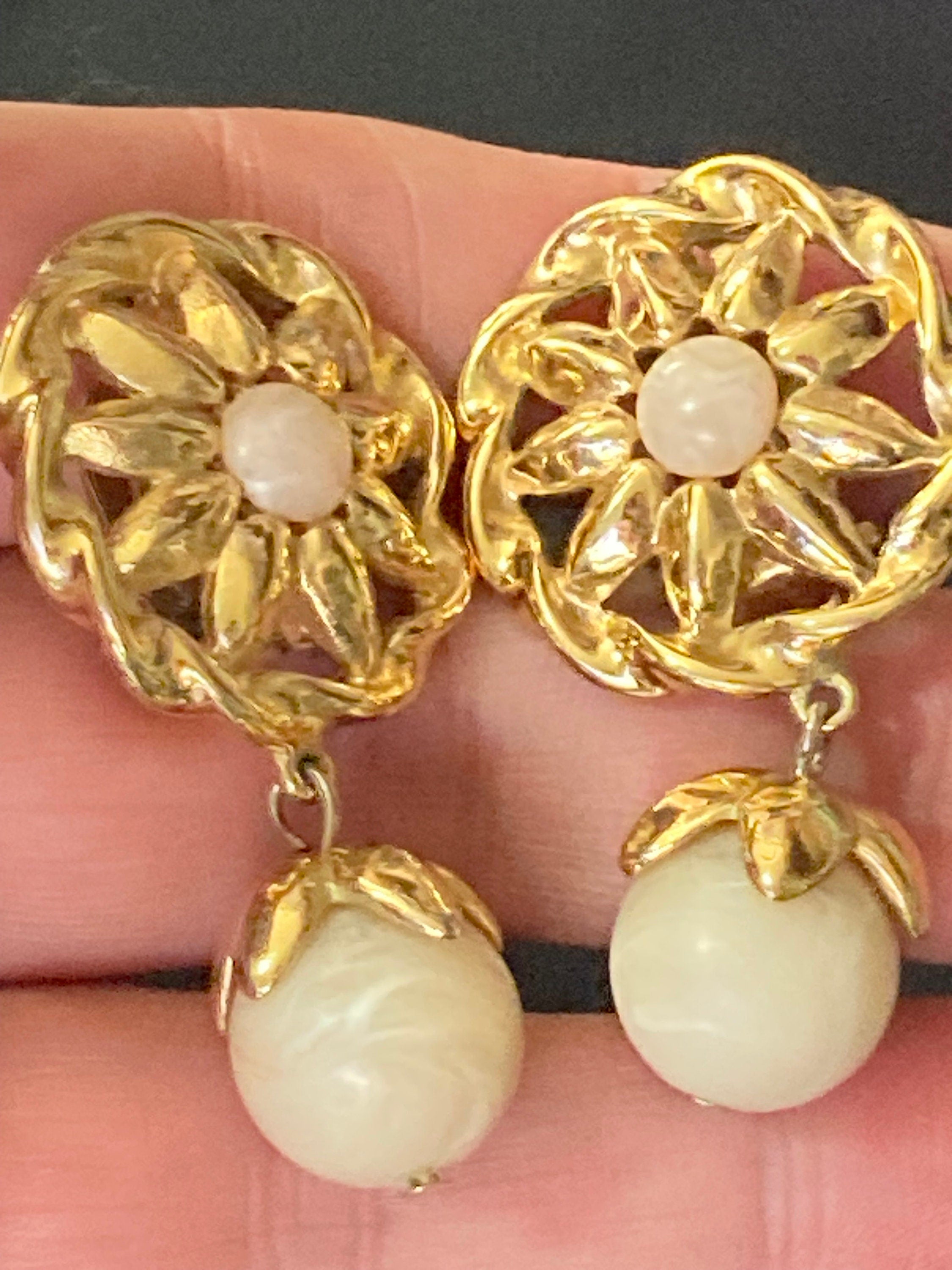 Signed Givenchy oversized neutral cream glass beaded gold dangly drop clip on earrings