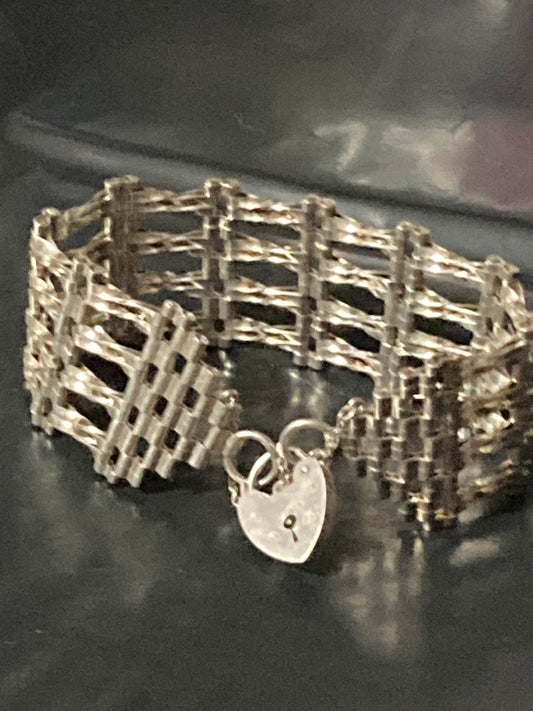 Vintage 925 sterling silver double 4 bar gate bracelet with heart padlock and safety chain