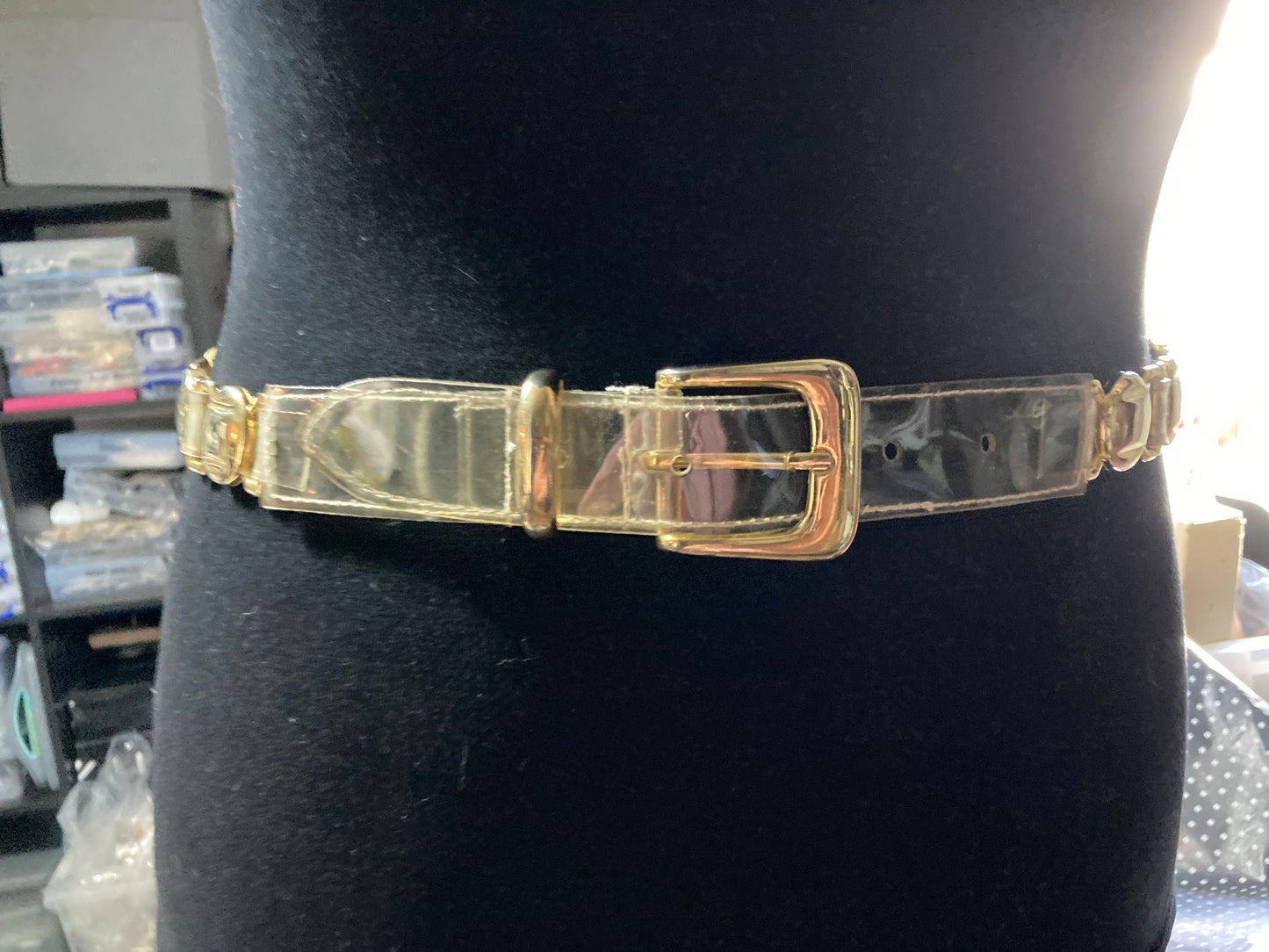 Size M Designer style clear plastic gold tone chain belt