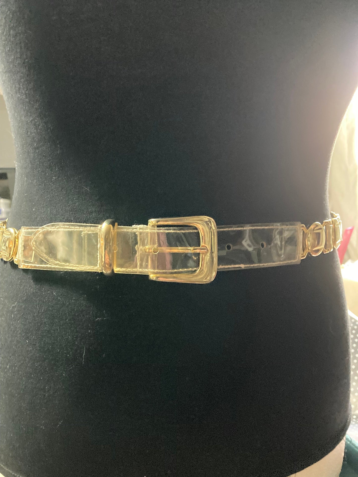 Size M Designer style clear plastic gold tone chain belt