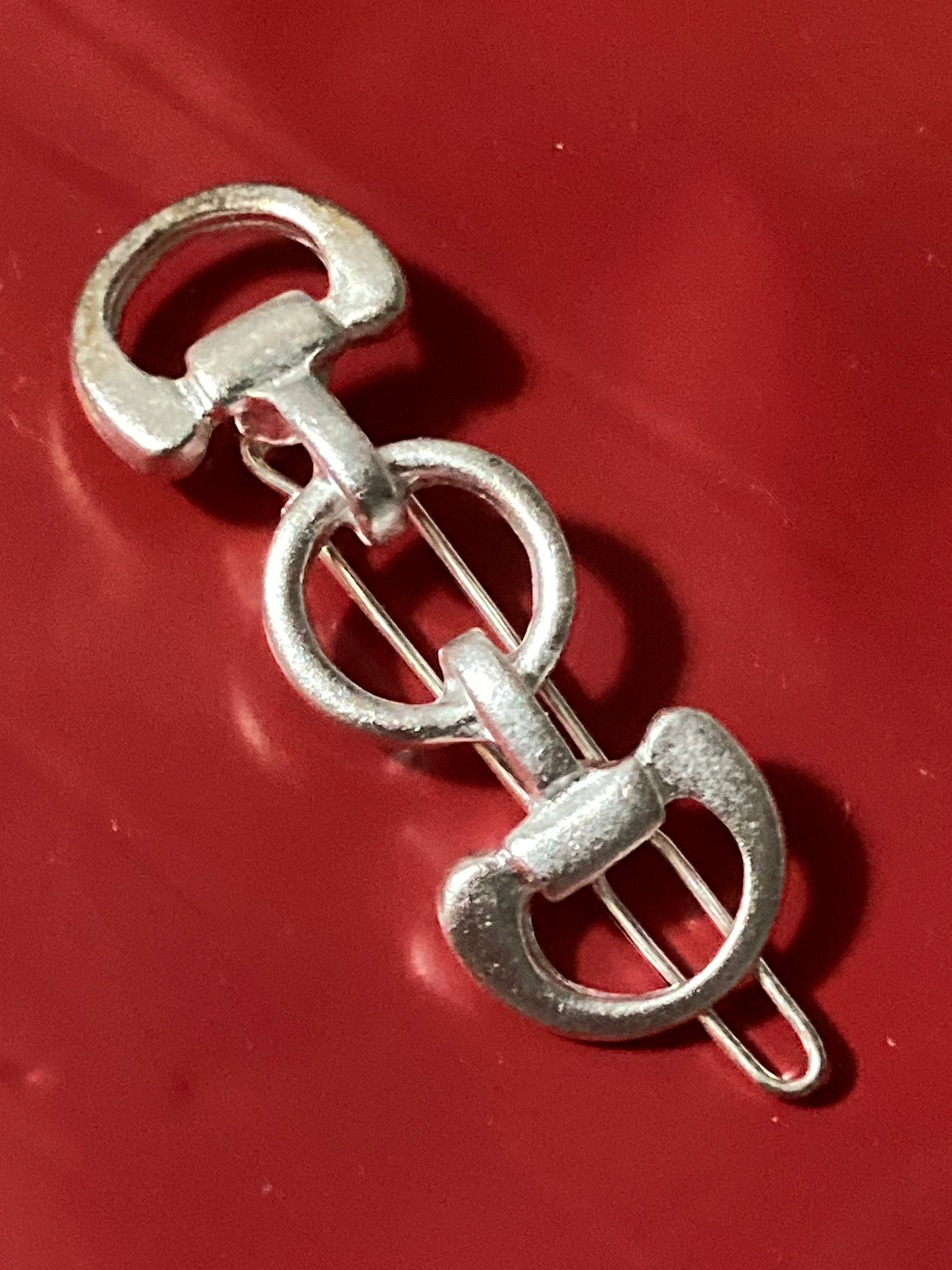 Pair of horse bit snaffle hair clips true vintage Matt silver tone equestrian