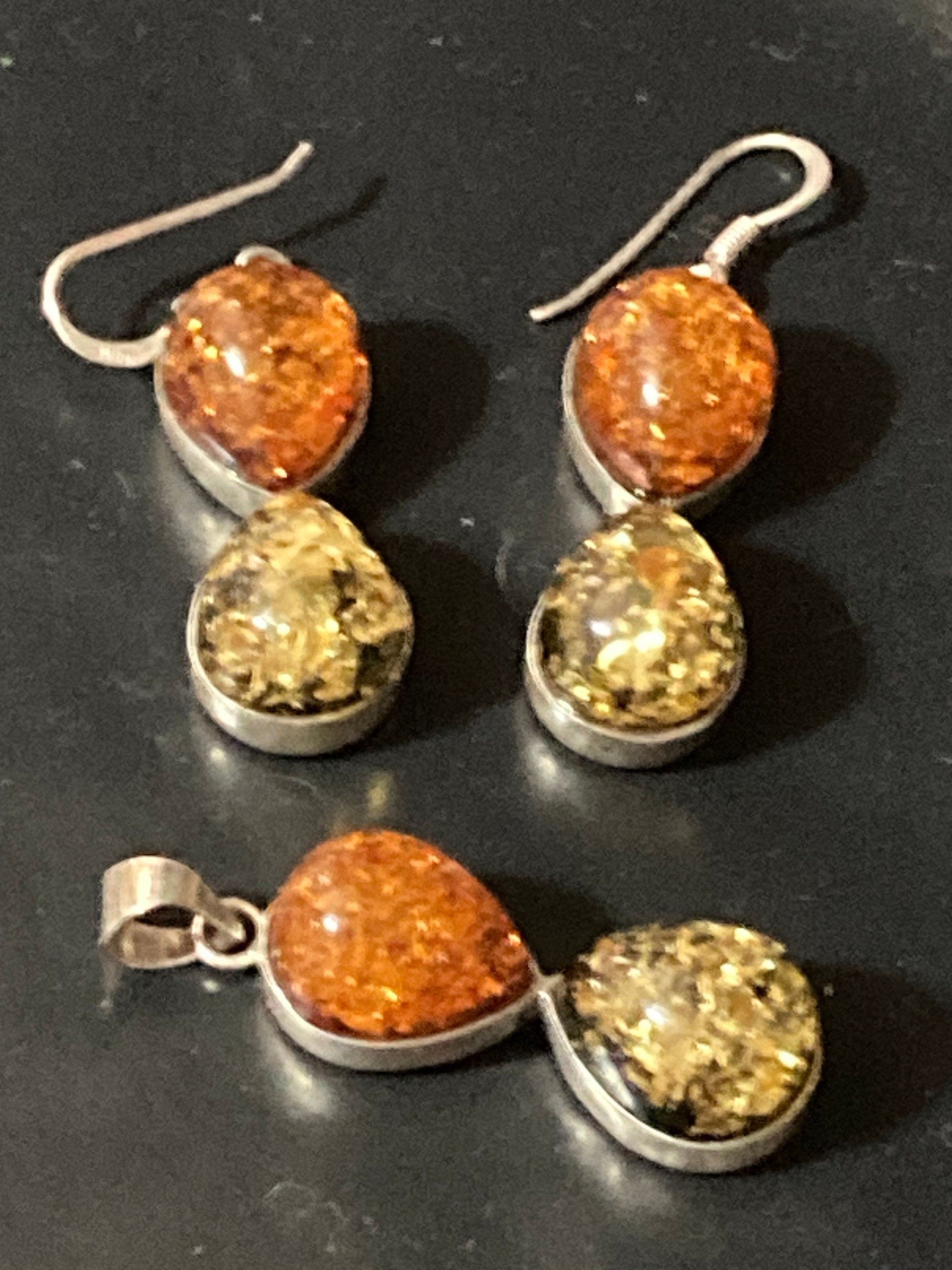 Orange and green Baltic amber matching drop earrings and pendant set 925 sterling silver