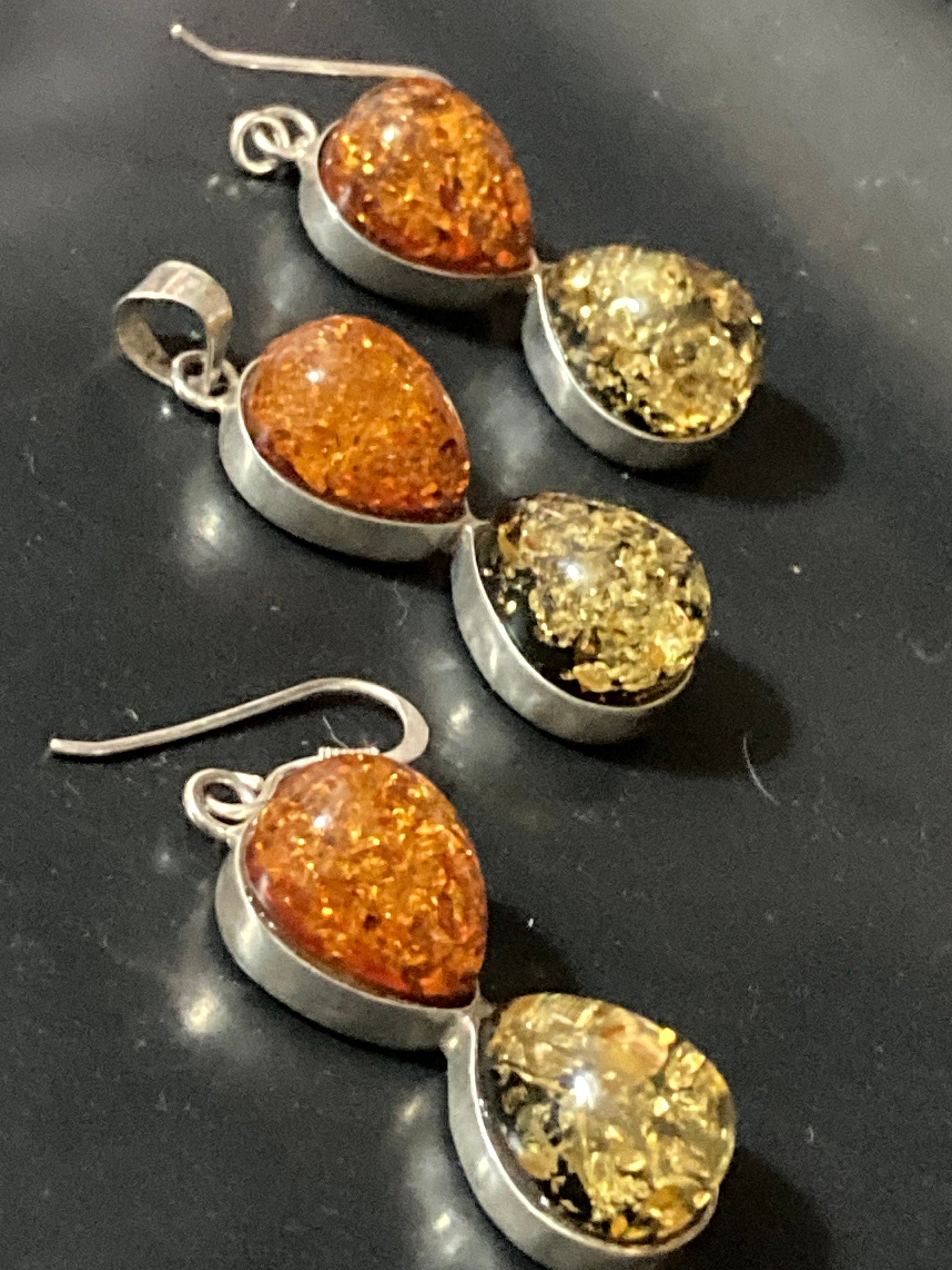 Orange and green Baltic amber matching drop earrings and pendant set 925 sterling silver