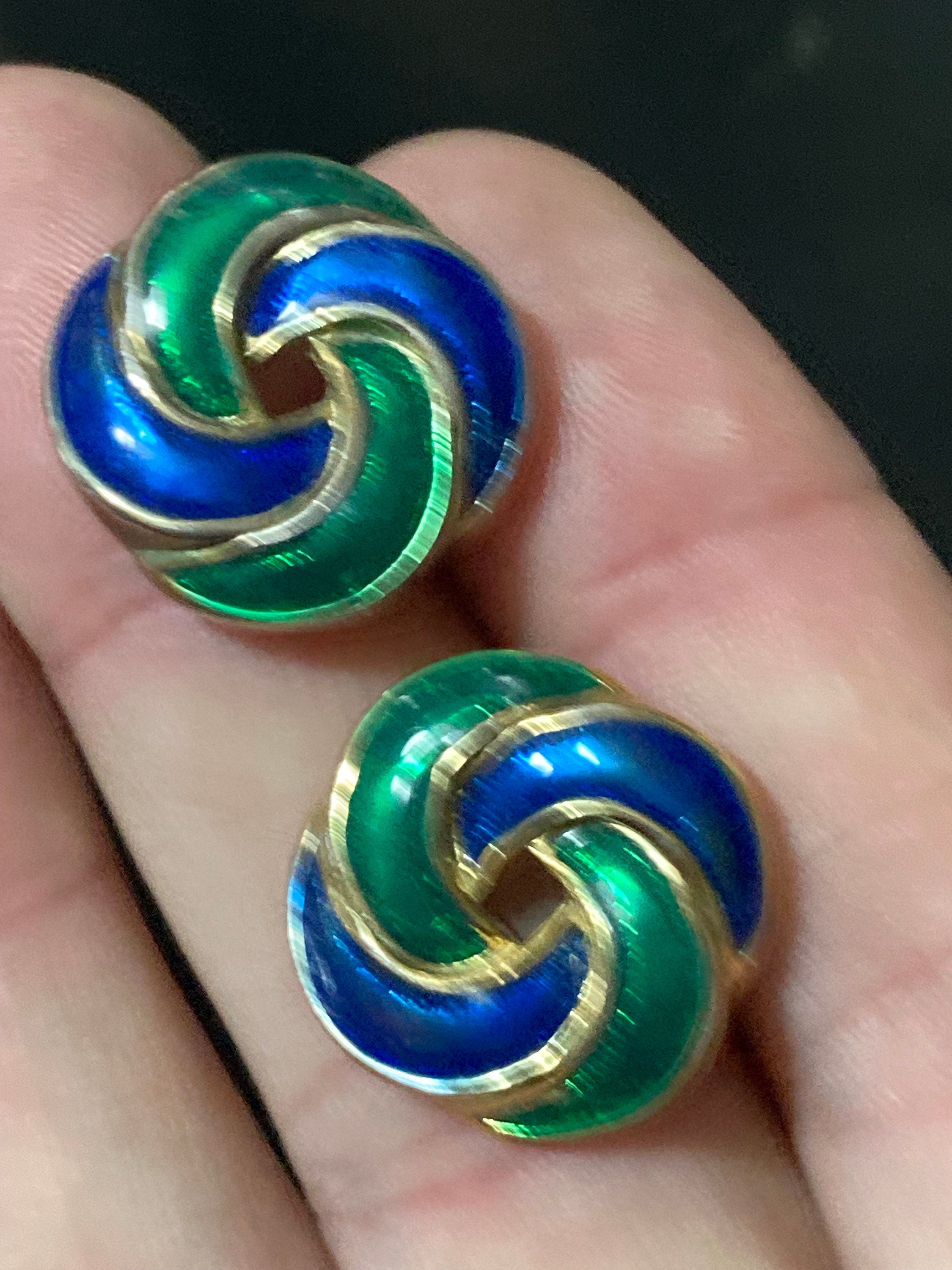 Vintage Retro 1980s Gold tone high end statement power dress blue green  enamel pair stud earrings pierced