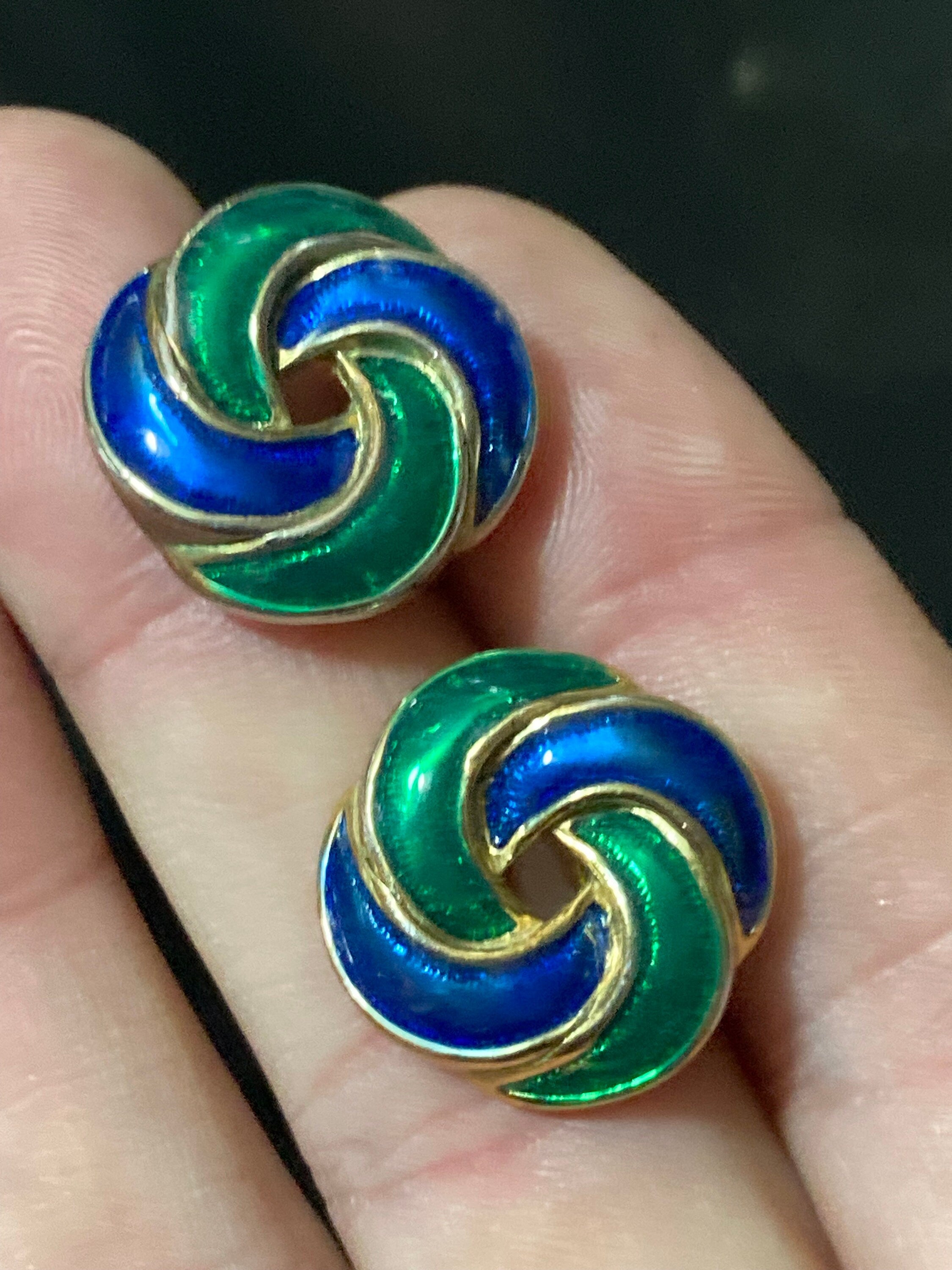 Vintage Retro 1980s Gold tone high end statement power dress blue green  enamel pair stud earrings pierced