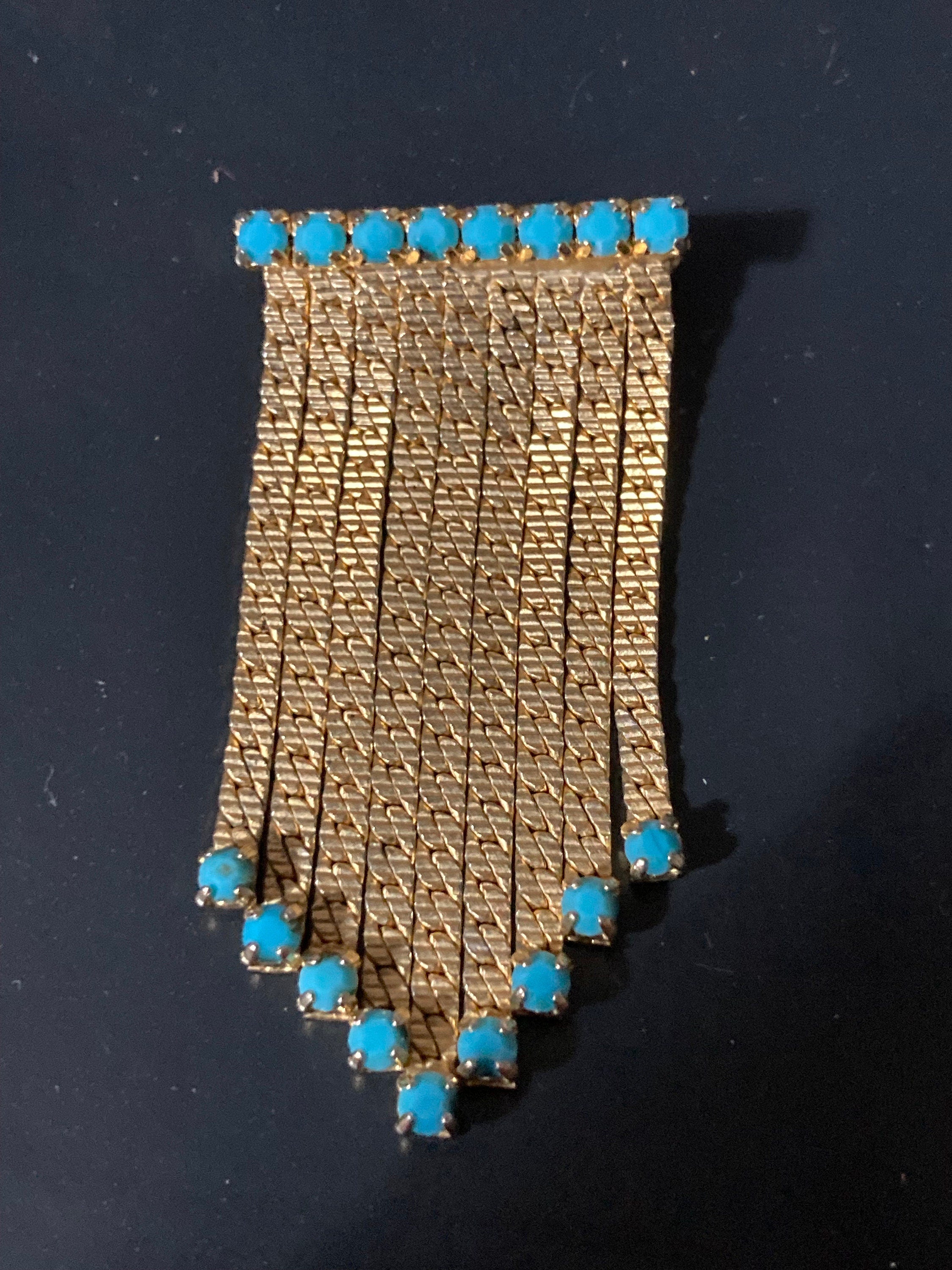 vintage gold tone mesh turquoise beaded abstract waterfall drop brooch