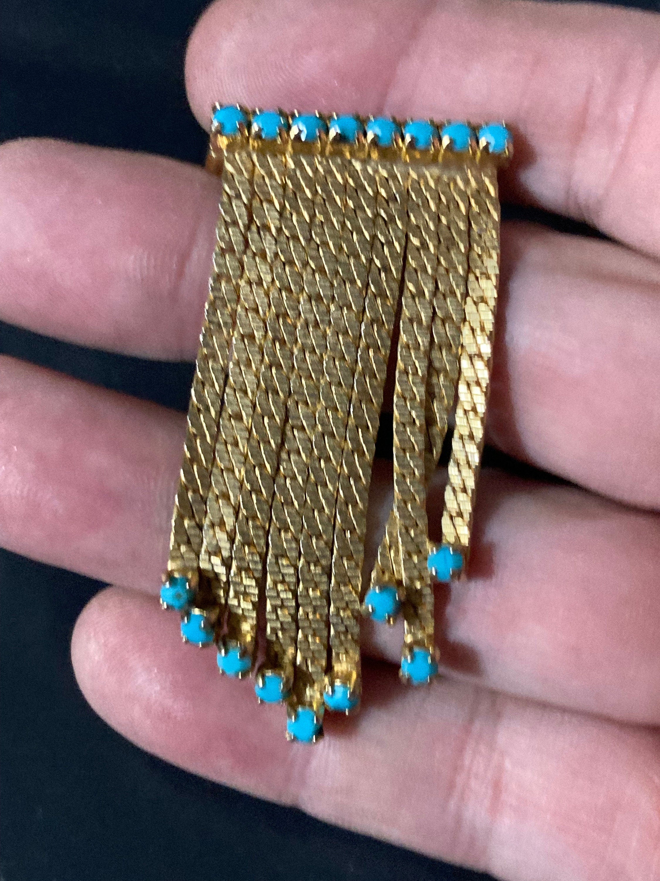 vintage gold tone mesh turquoise beaded abstract waterfall drop brooch