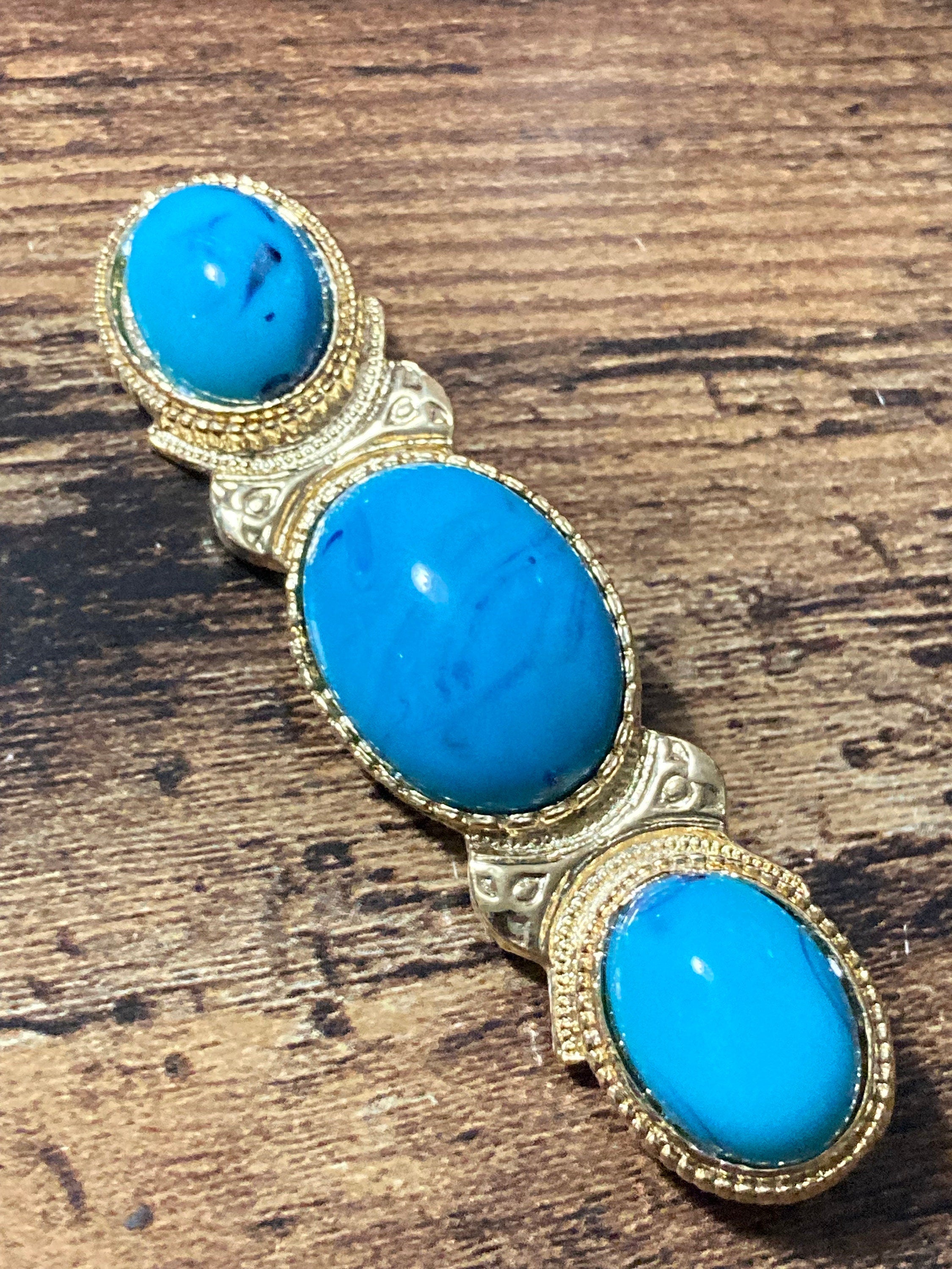 vintage 8.5cm gold Etruscan ornate bar brooch with turquoise blue Cabochons