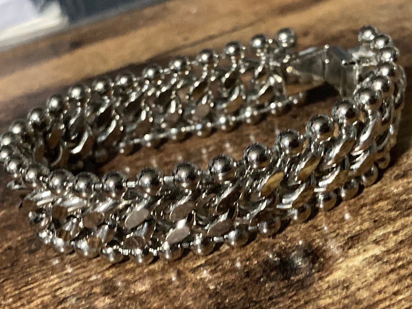 Pristine true vintage chunky silver plated wide chain link bracelet bead edging guide old shop stock 1980s