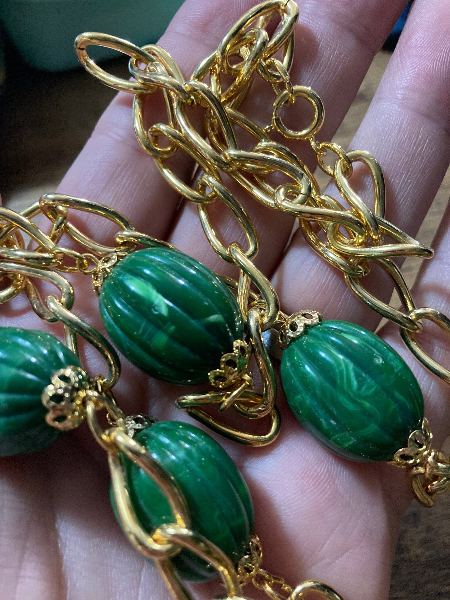 31.5” 80cm long 1980s thick gold plated big green beaded station necklace for layering