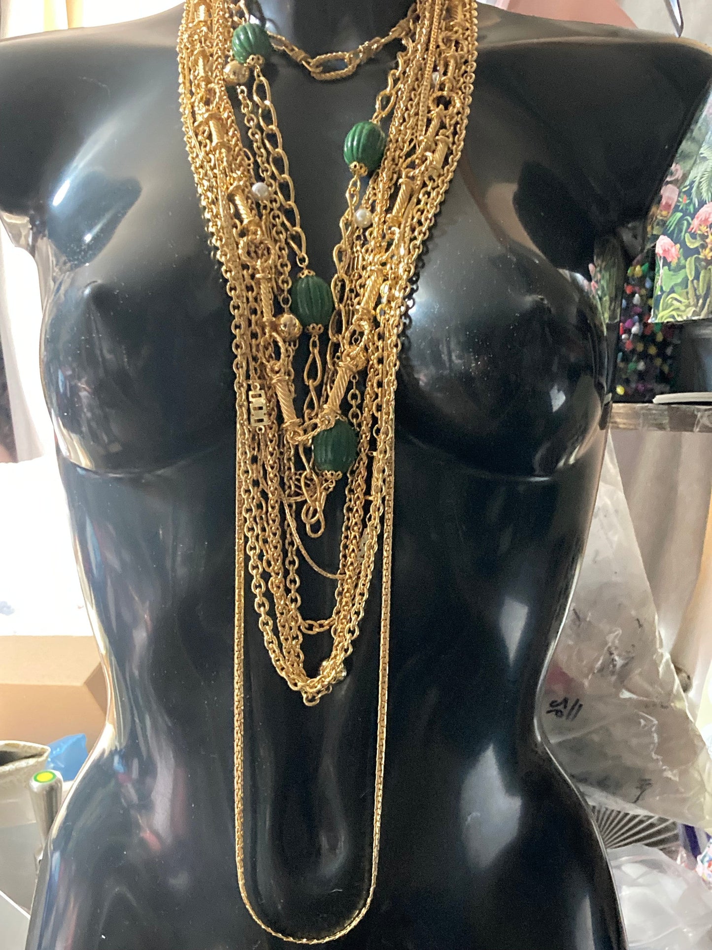 31.5” 80cm long 1980s thick gold plated big green beaded station necklace for layering