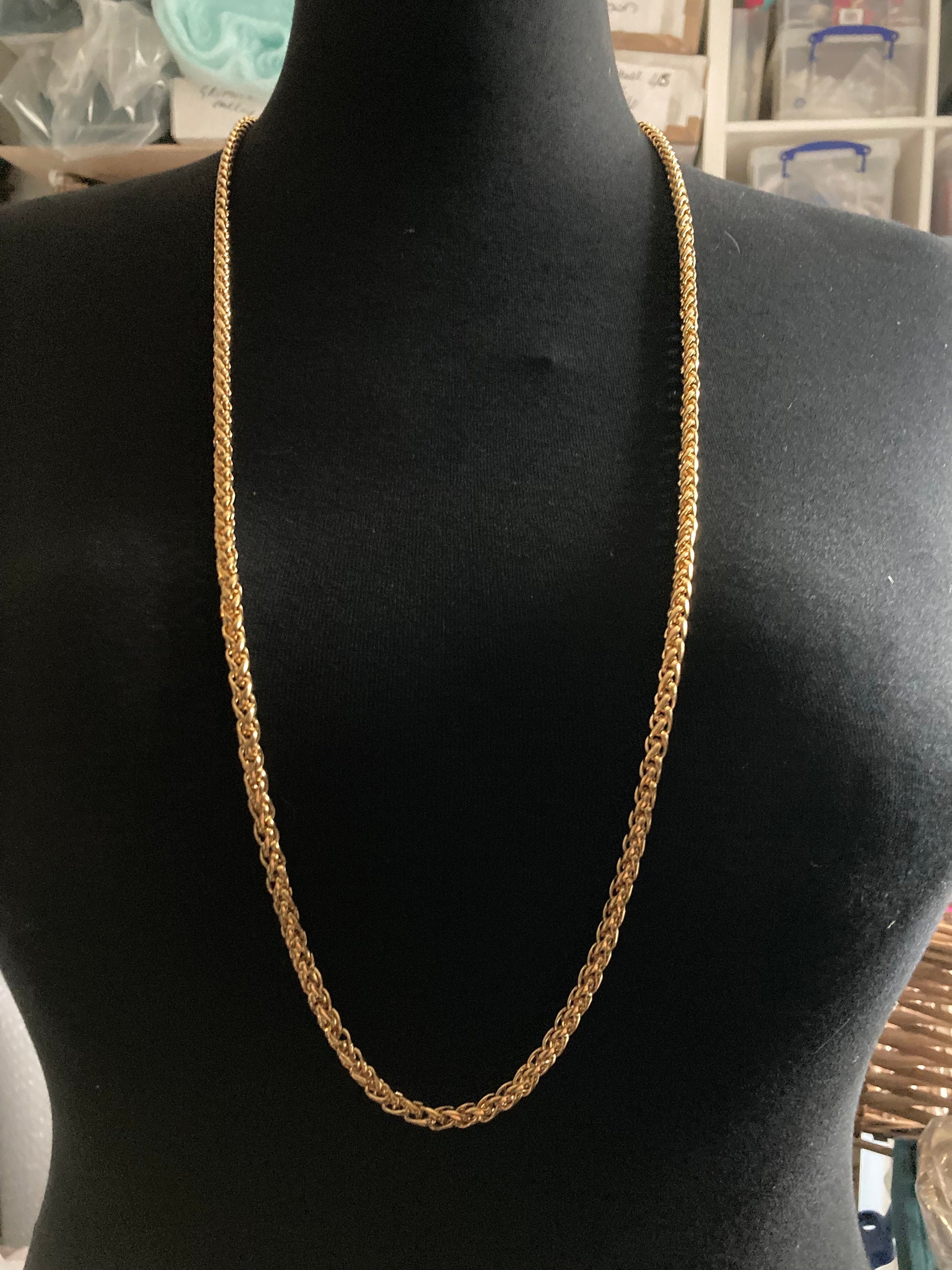 126cm 50 inch extra long 1980s thick gold plated flat woven chain necklace