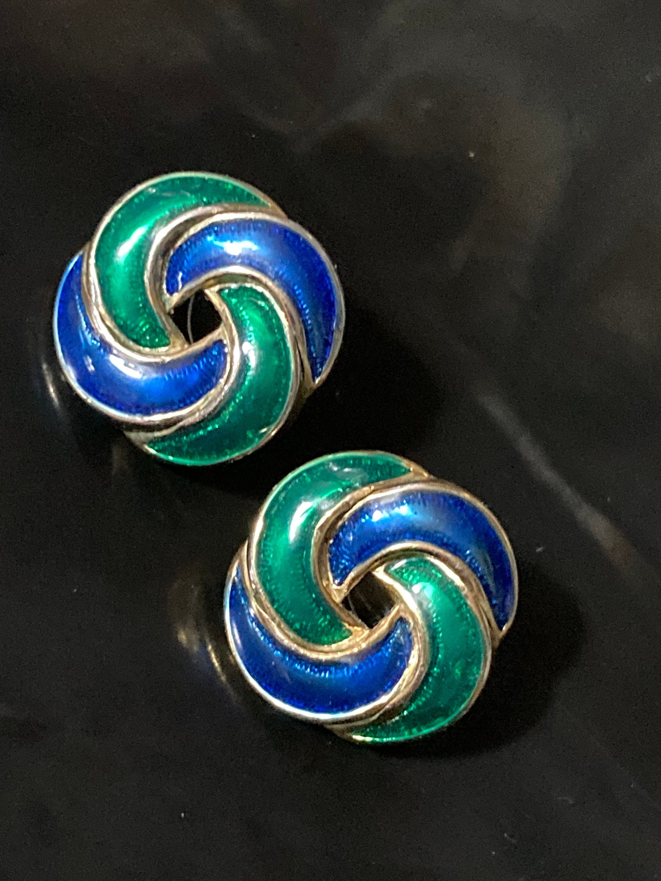 Vintage Retro 1980s Gold tone high end statement power dress blue green  enamel pair stud earrings pierced