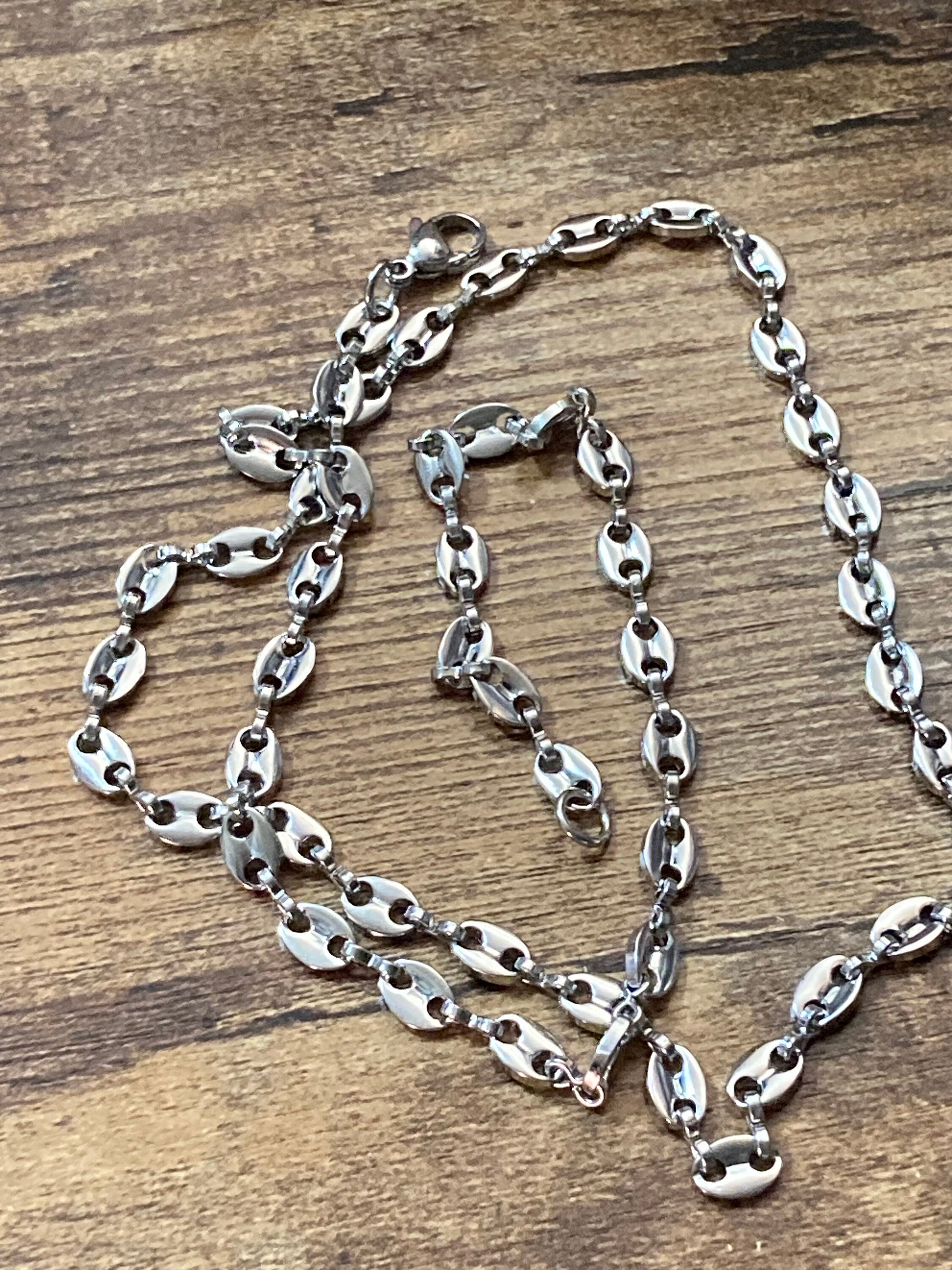 60cm 5mm Silver tone mariner coffee bean long chain necklace